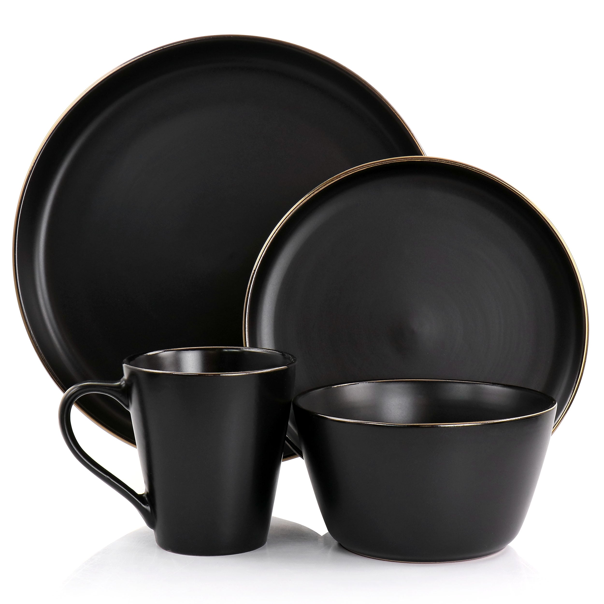 Service de table 16 pièces en grès noir avec bordure dorée