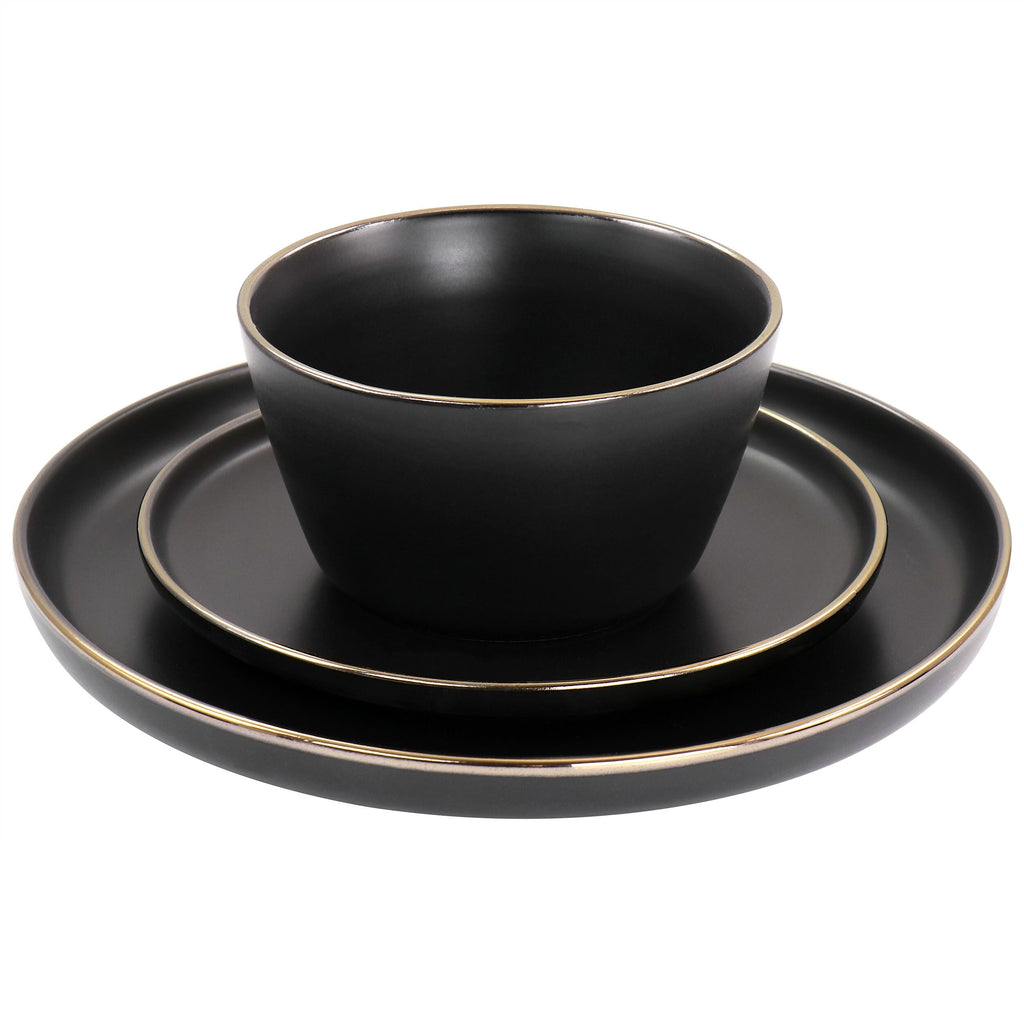 Service de table 16 pièces en grès noir avec bordure dorée