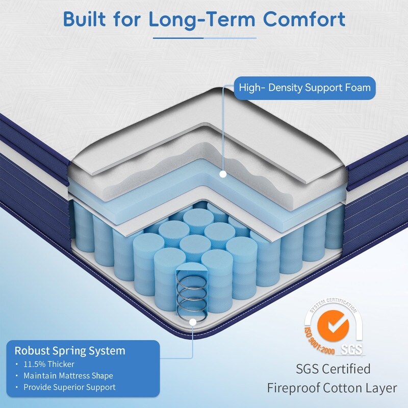 Matelas hybride à ressorts SweDrea de 25 cm, ferme et rafraîchissant, certifié CertiPUR-US, SGS et OEKO-TEX.