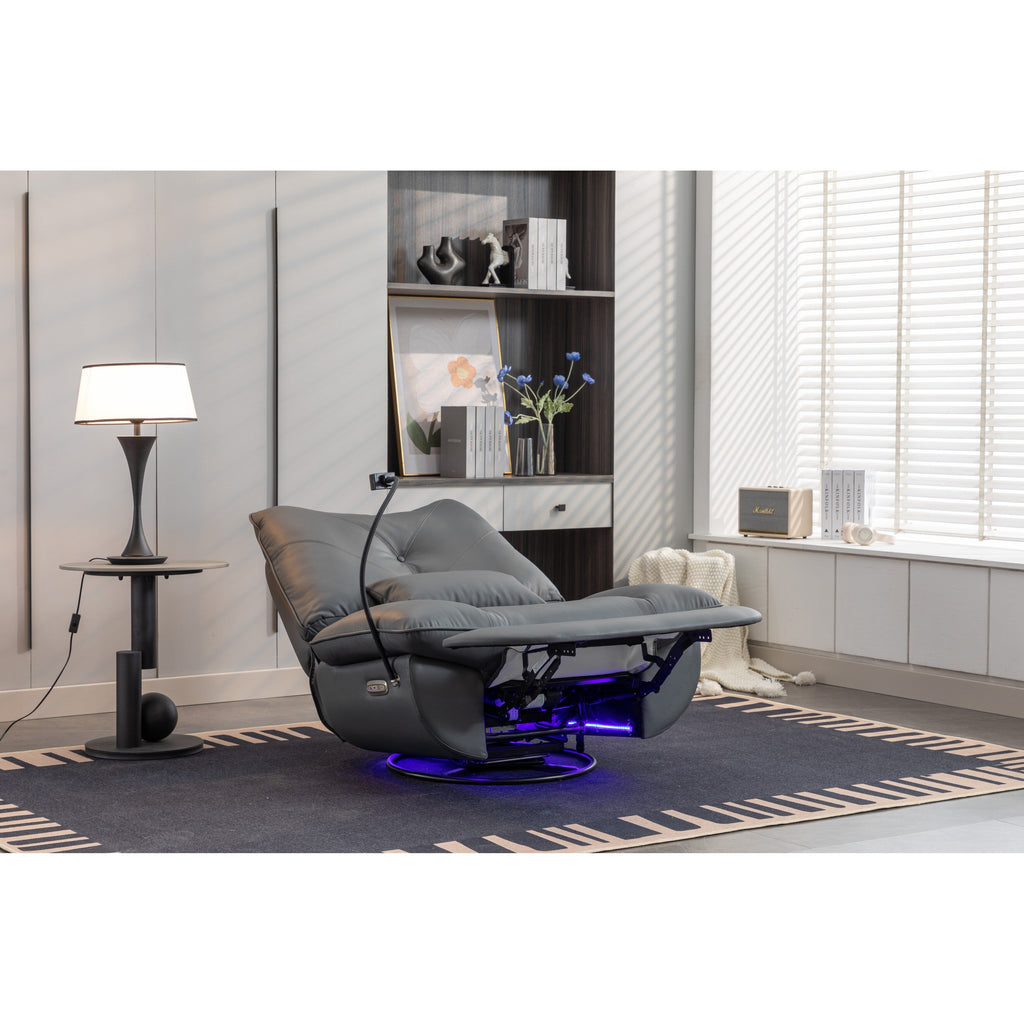 Fauteuil inclinable pivotant et électrique avec haut-parleurs Bluetooth, support de téléphone, ports de chargement USB et Type-C, rangement dissimulé des accoudoirs