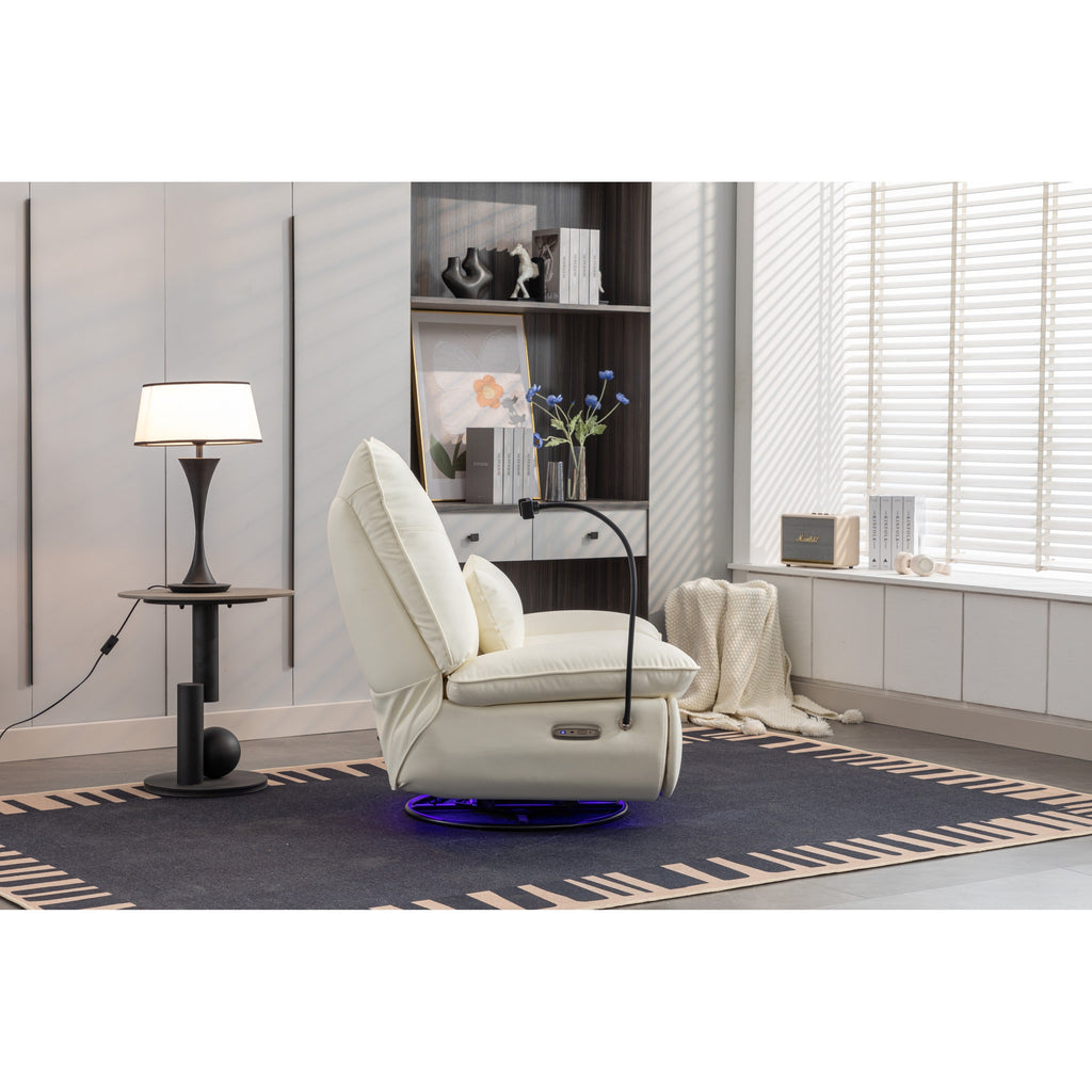 Fauteuil inclinable pivotant et électrique avec haut-parleurs Bluetooth, support de téléphone, ports de chargement USB et Type-C, rangement dissimulé des accoudoirs