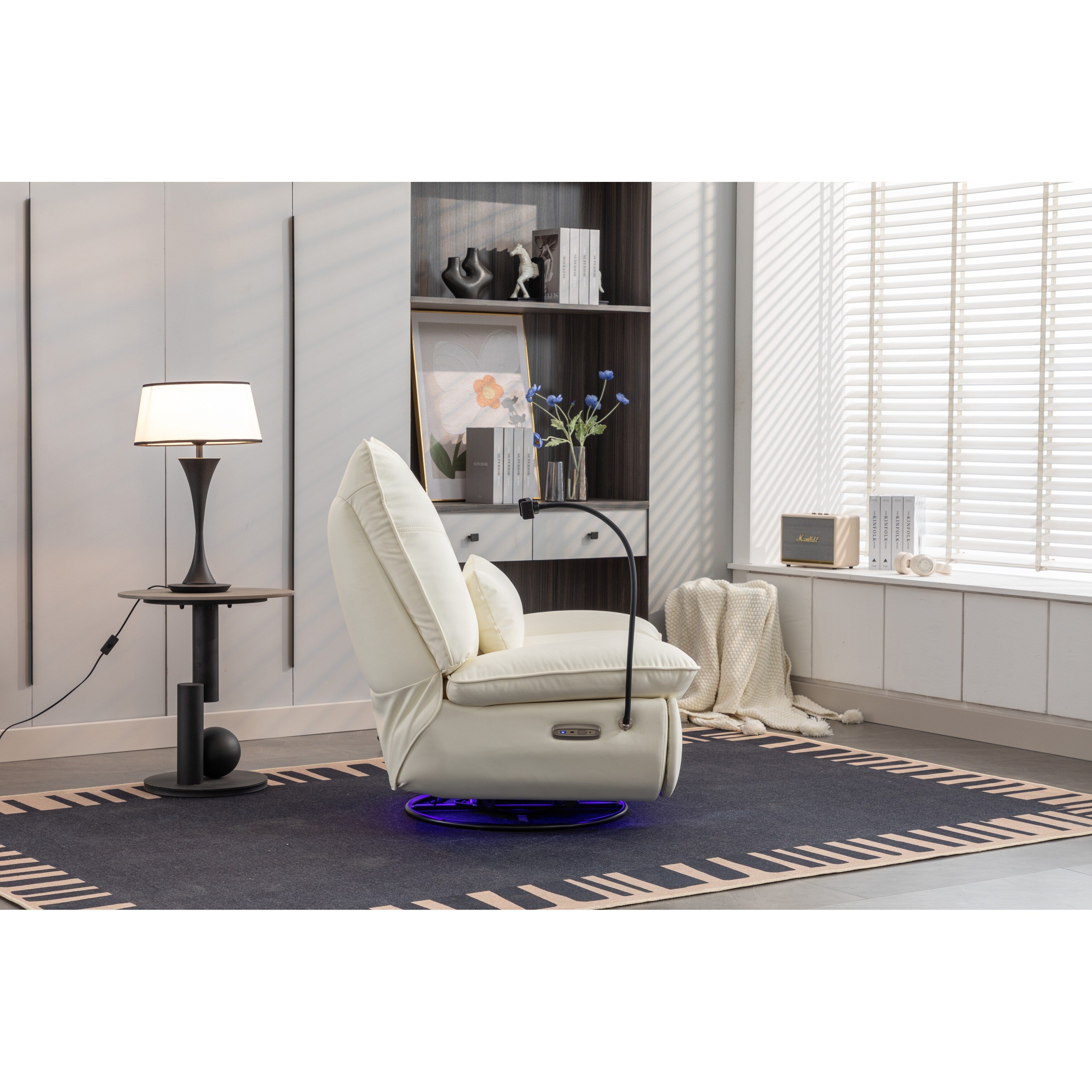 Fauteuil inclinable pivotant et électrique avec haut-parleurs Bluetooth, support de téléphone, ports de chargement USB et Type-C, rangement dissimulé des accoudoirs