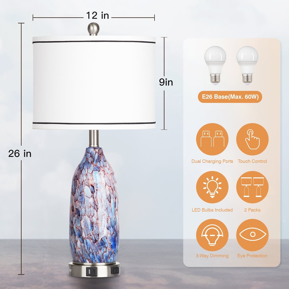 Lampe de table 2 en 1 avec veilleuse en verre indigo, ports de charge, prise secteur, abat-jour tambour, variateur tactile (lot de 2)