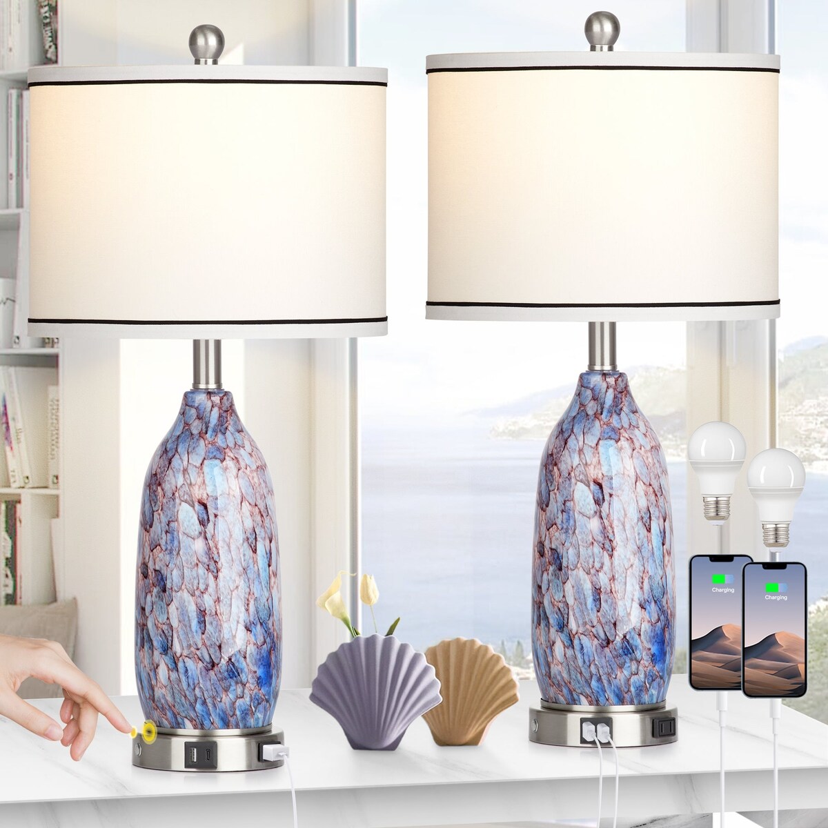 Lampe de table 2 en 1 avec veilleuse en verre indigo, ports de charge, prise secteur, abat-jour tambour, variateur tactile (lot de 2)