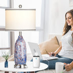 Lampe de table 2 en 1 avec veilleuse en verre indigo, ports de charge, prise secteur, abat-jour tambour, variateur tactile (lot de 2)