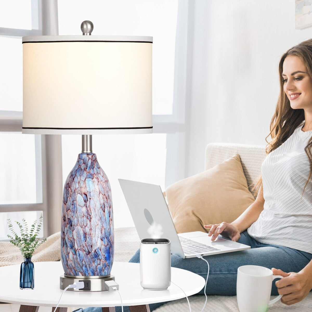 Lampe de table 2 en 1 avec veilleuse en verre indigo, ports de charge, prise secteur, abat-jour tambour, variateur tactile (lot de 2)