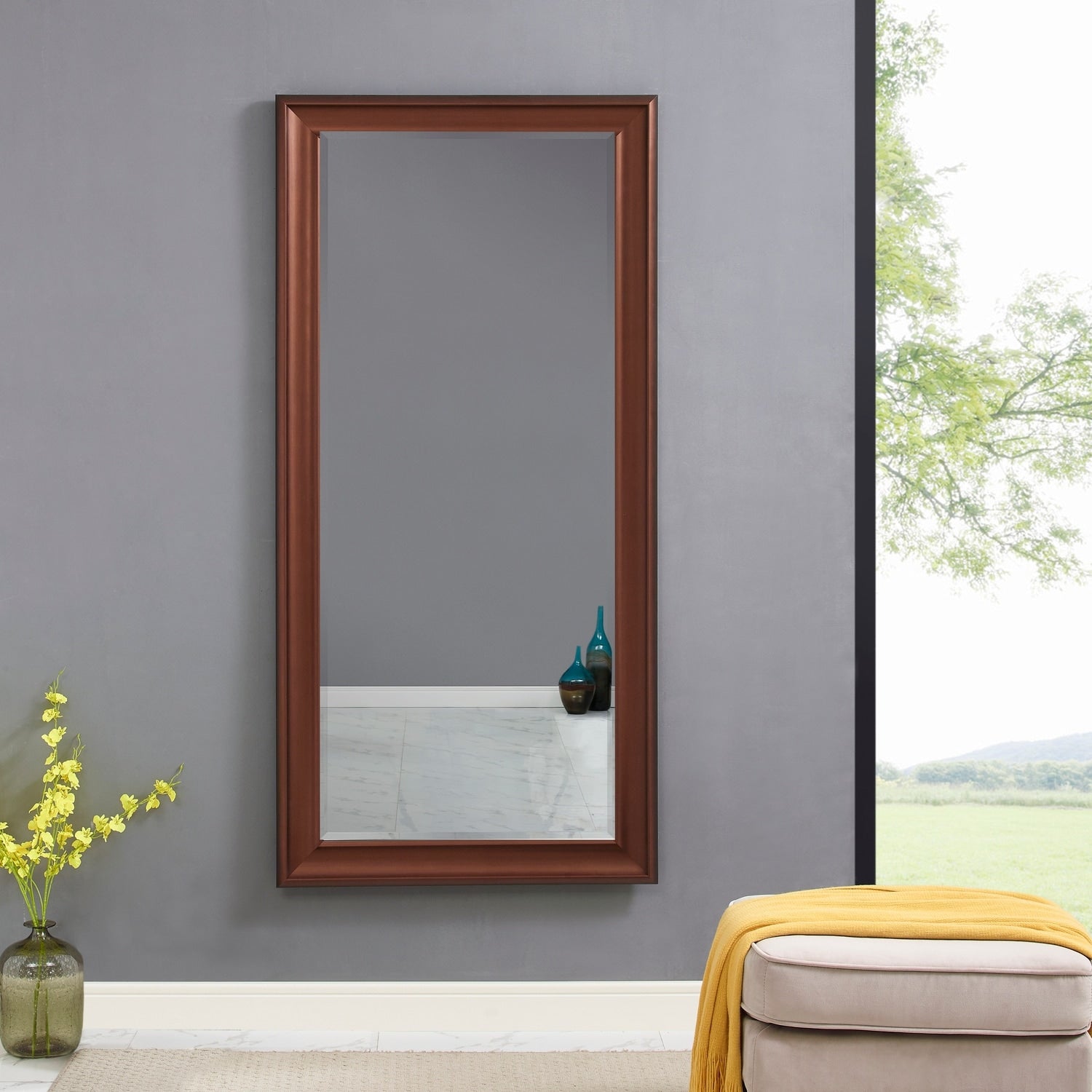 Grand miroir sur toute la surface, miroir surdimensionné, cadre en imitation bois lisse, miroir rectangulaire à suspendre au mur