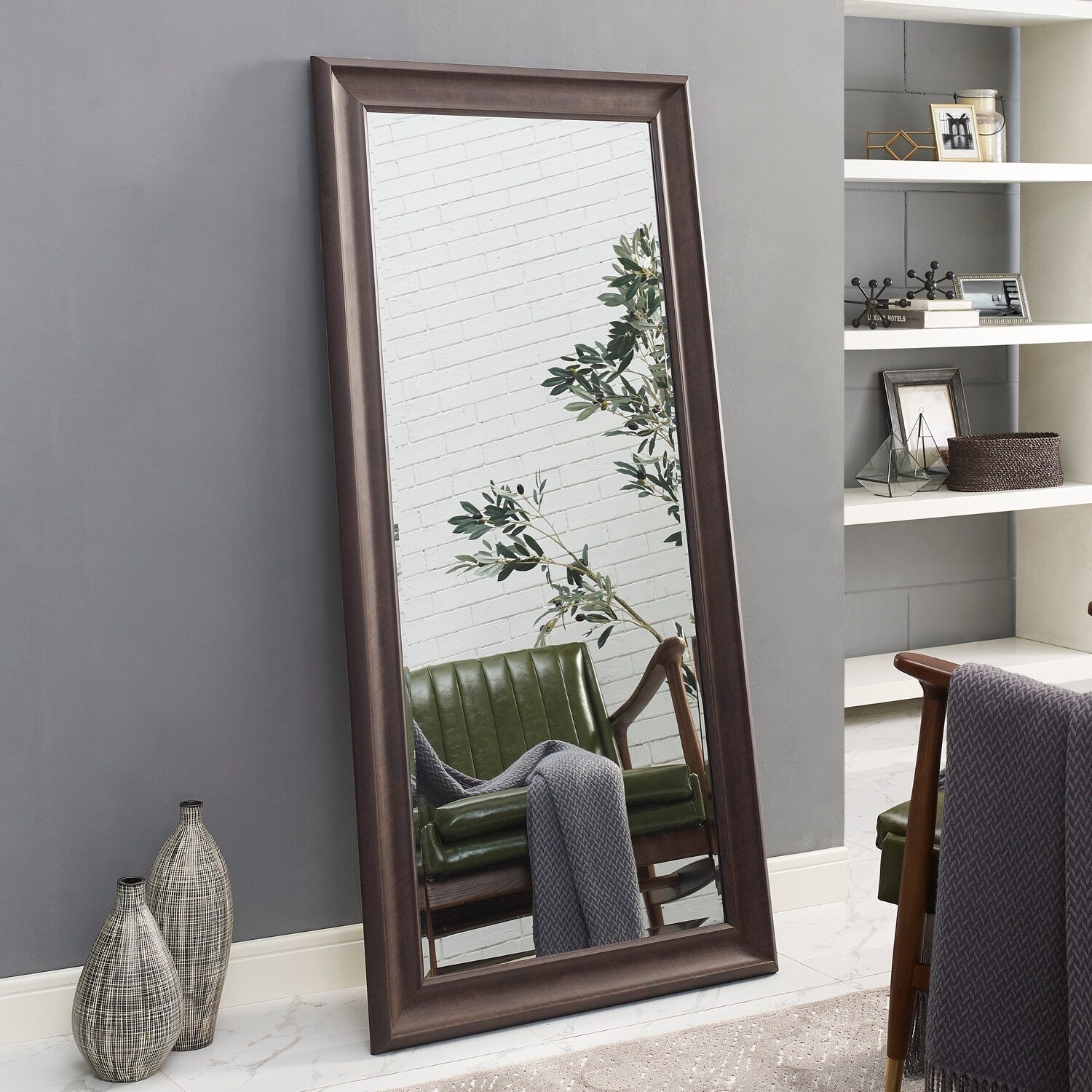 Grand miroir sur toute la surface, miroir surdimensionné, cadre en imitation bois lisse, miroir rectangulaire à suspendre au mur