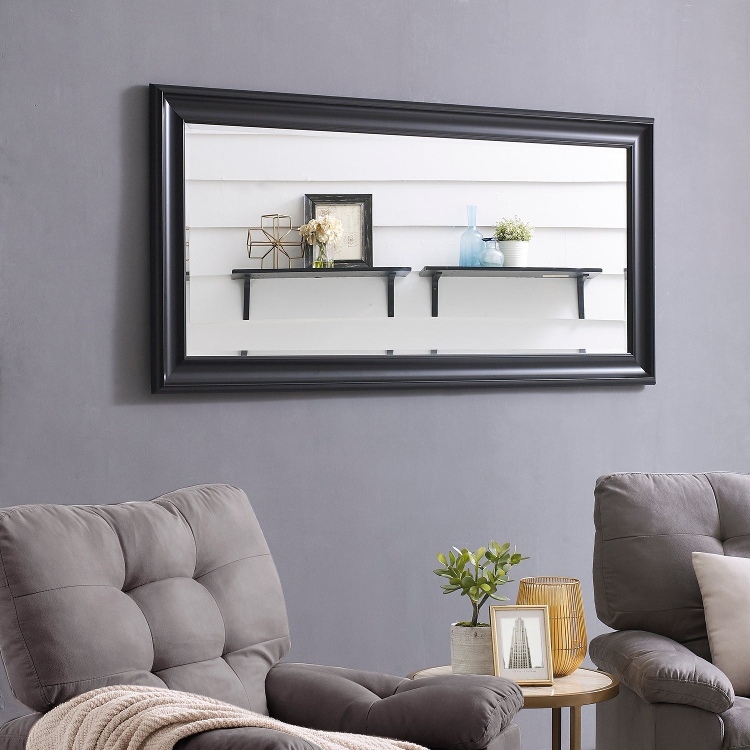 Grand miroir sur toute la surface, miroir surdimensionné, cadre en imitation bois lisse, miroir rectangulaire à suspendre au mur