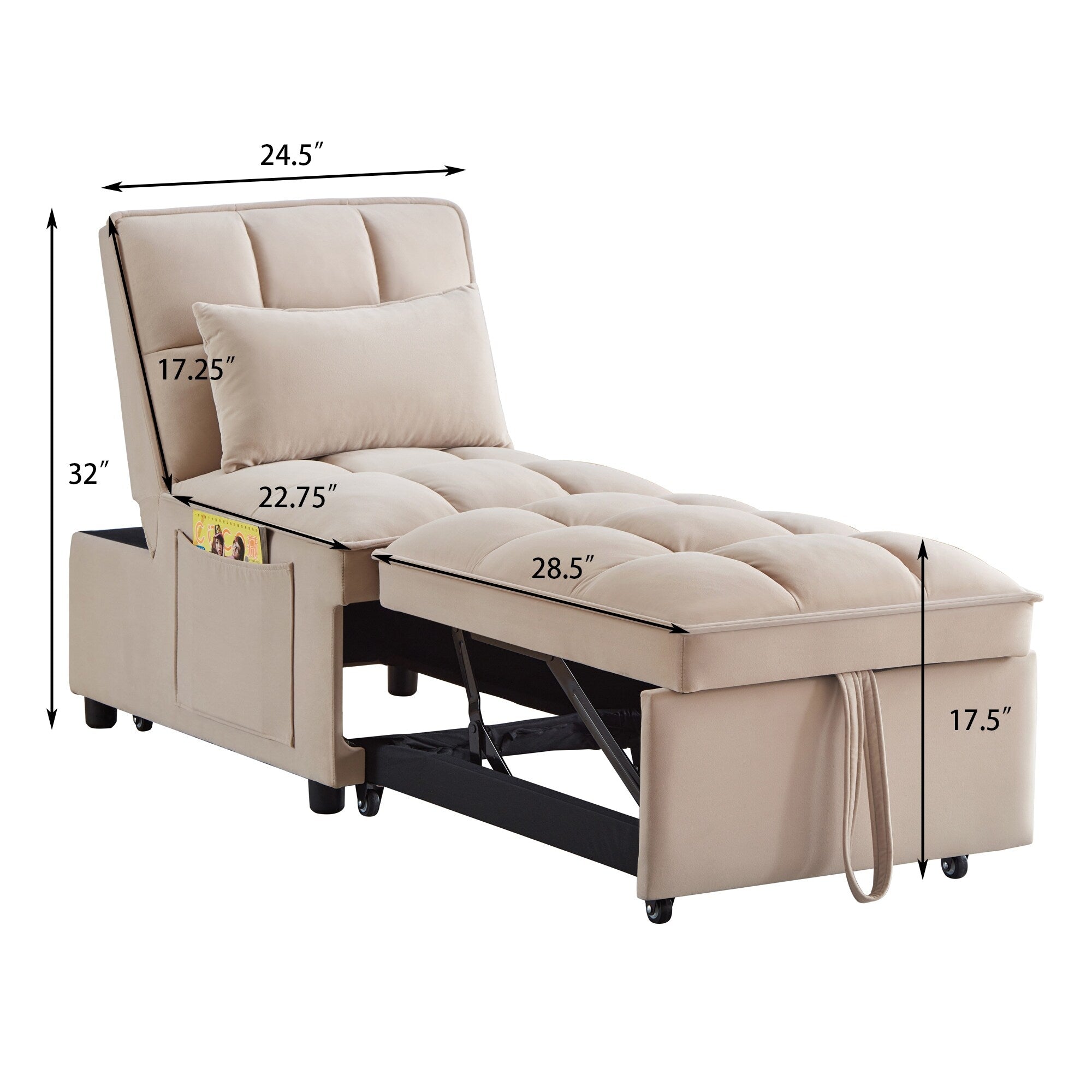 Canapé-lit simple pliant en velours taupe 68,5 avec dossier réglable et oreillers pour le salon