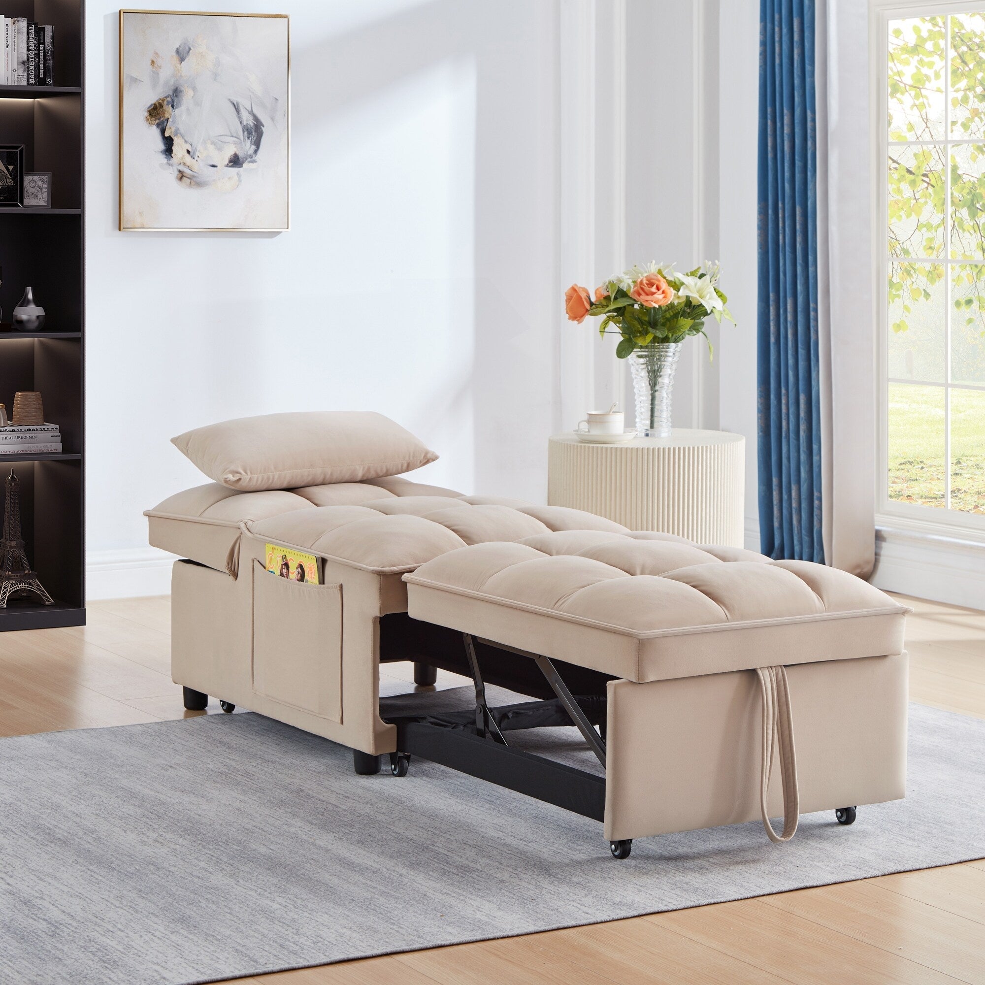 Canapé-lit simple pliant en velours taupe 68,5 avec dossier réglable et oreillers pour le salon