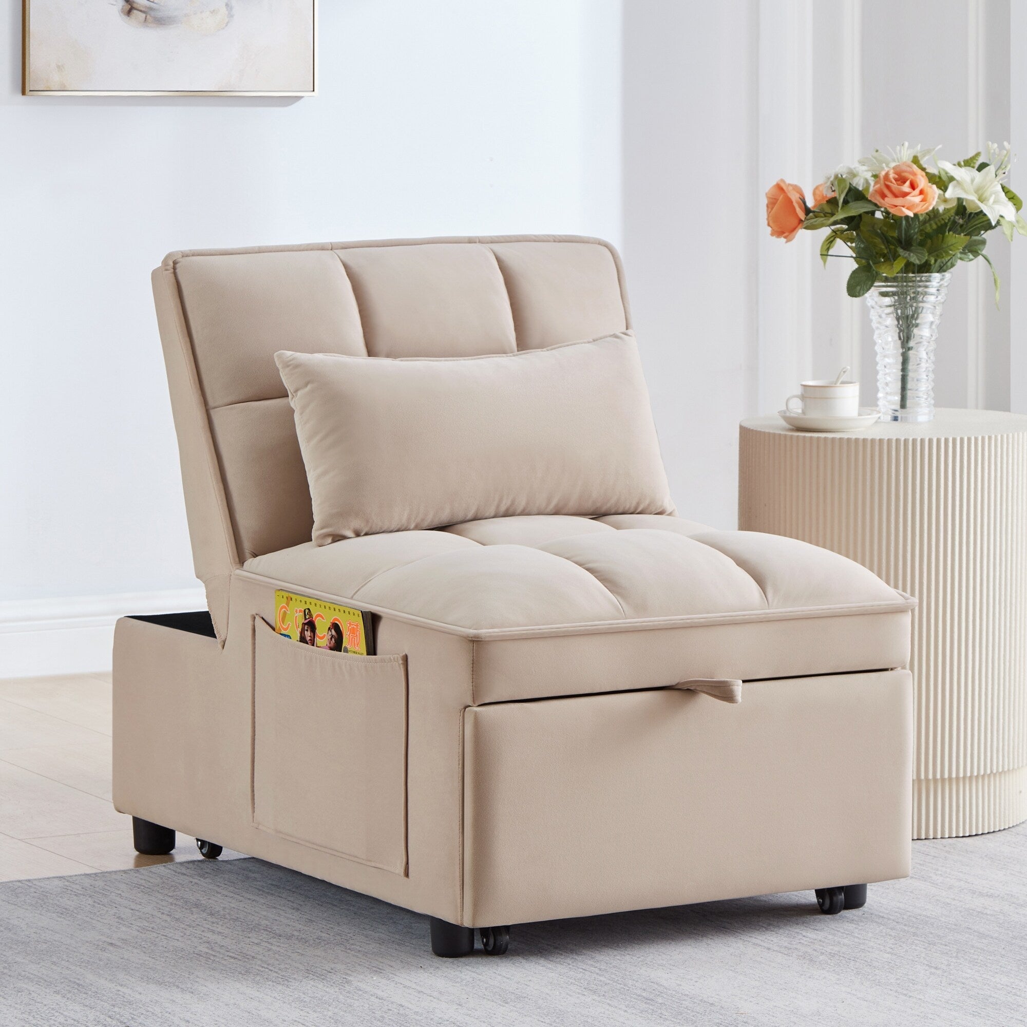 Canapé-lit simple pliant en velours taupe 68,5 avec dossier réglable et oreillers pour le salon