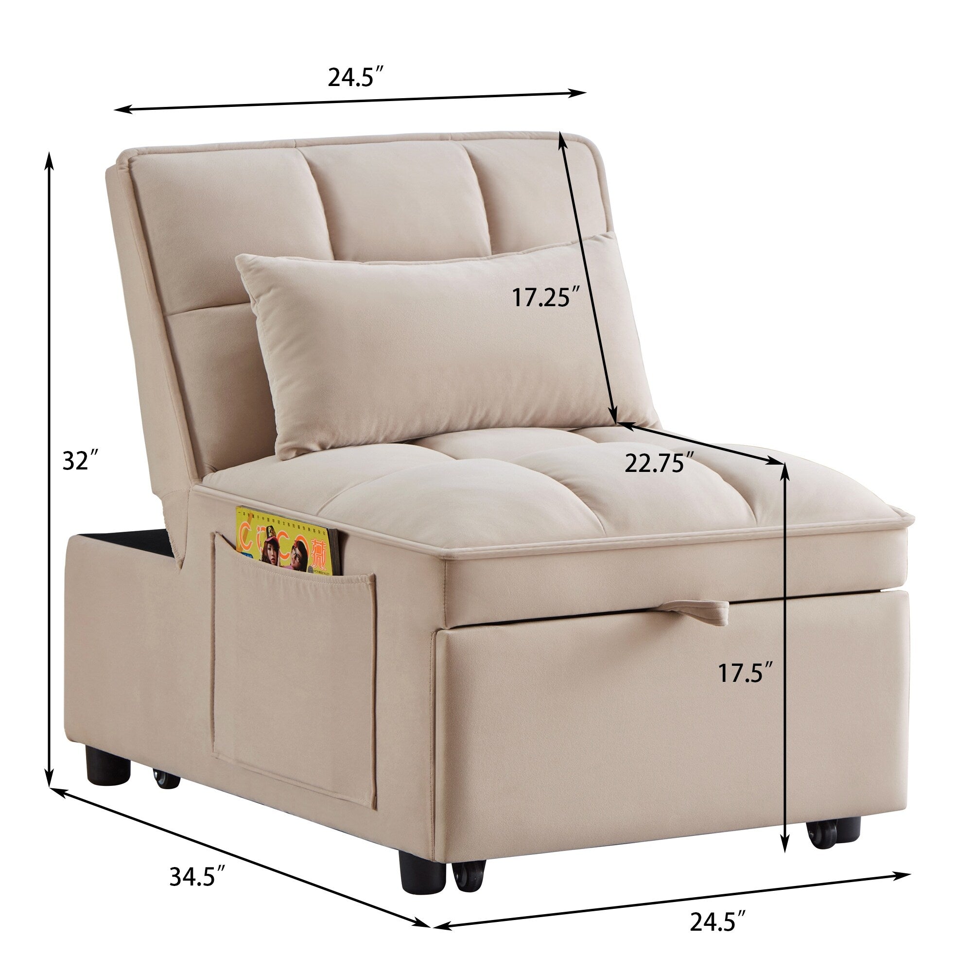 Canapé-lit simple pliant en velours taupe 68,5 avec dossier réglable et oreillers pour le salon