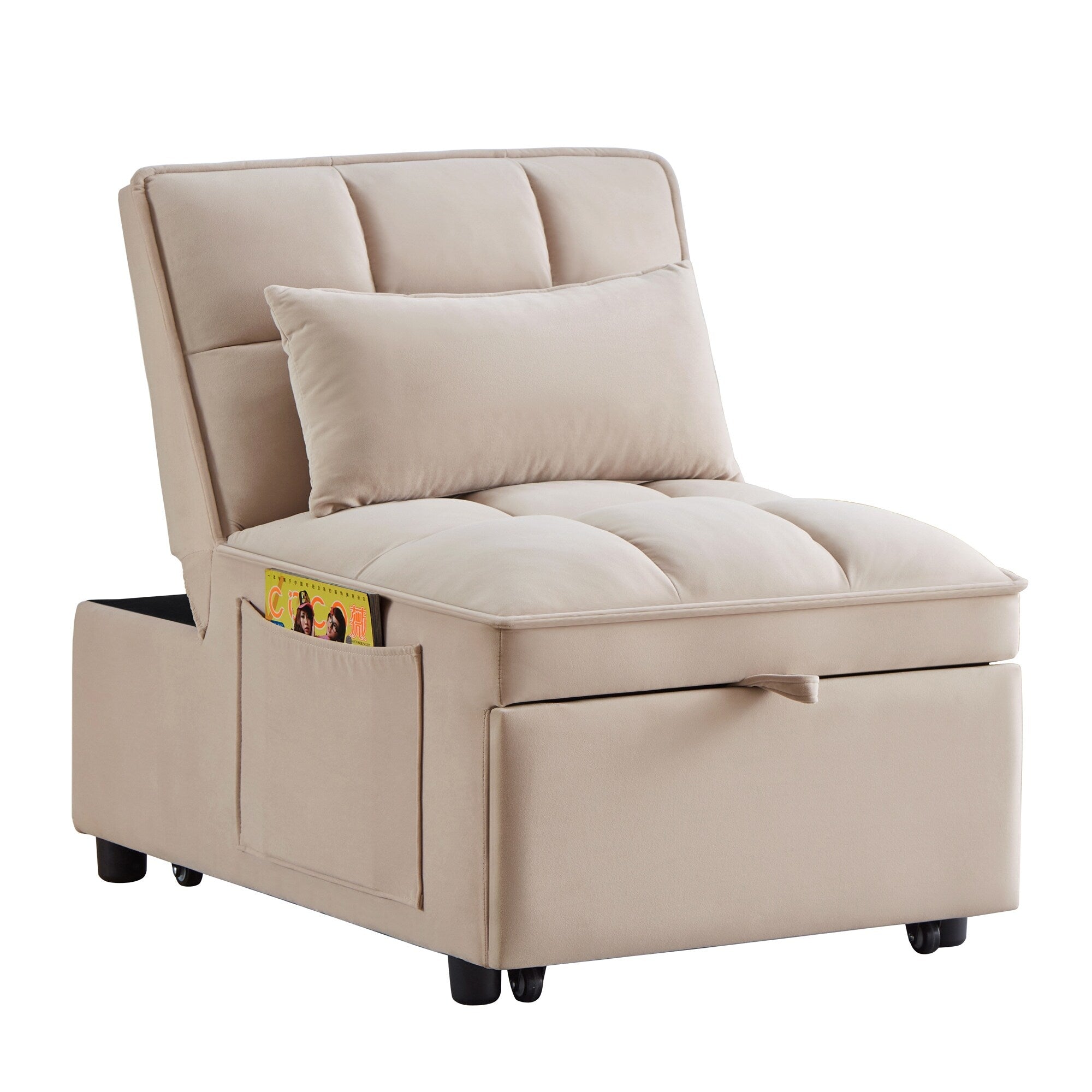 Canapé-lit simple pliant en velours taupe 68,5 avec dossier réglable et oreillers pour le salon