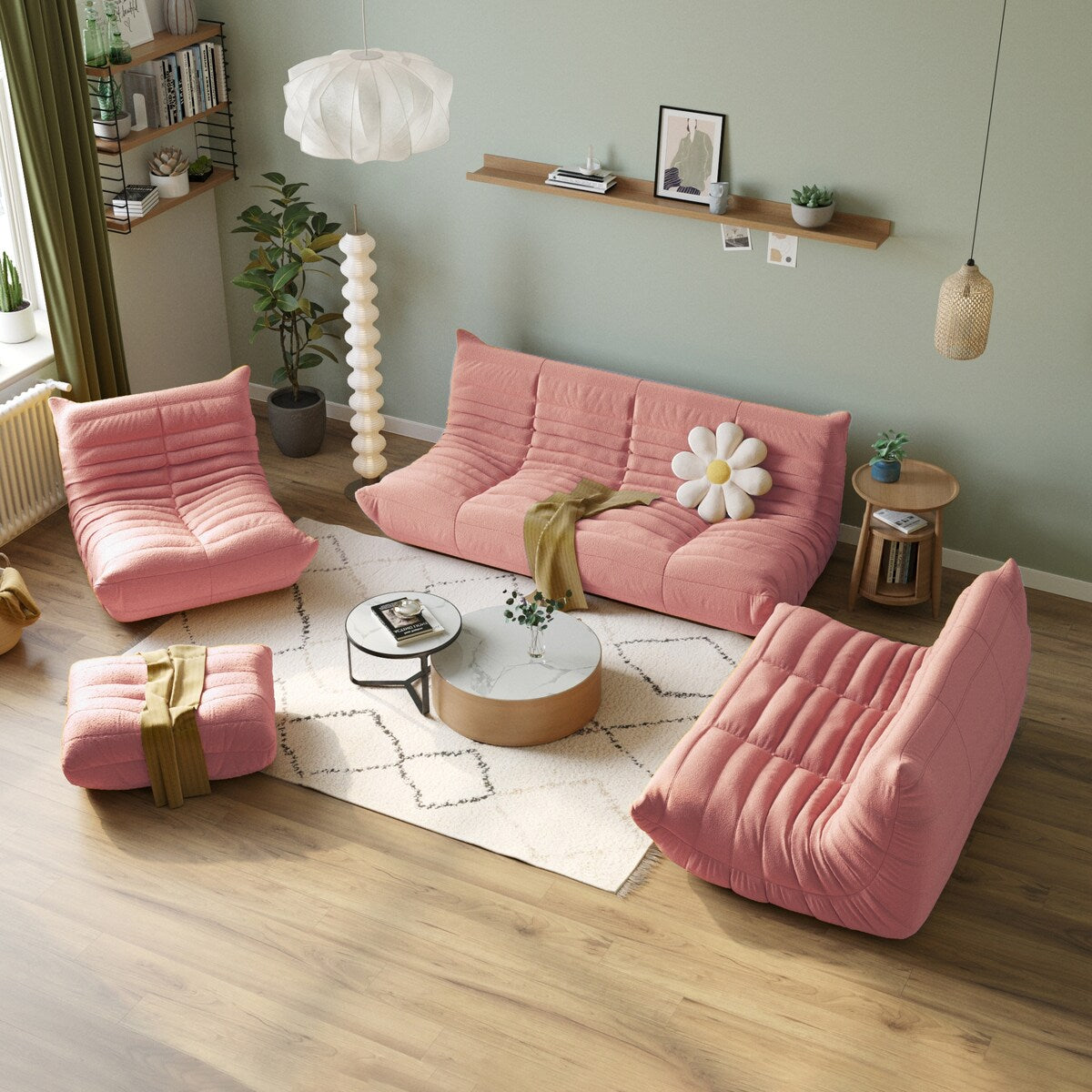 Ensembles de canapés-poufs en velours Teddy