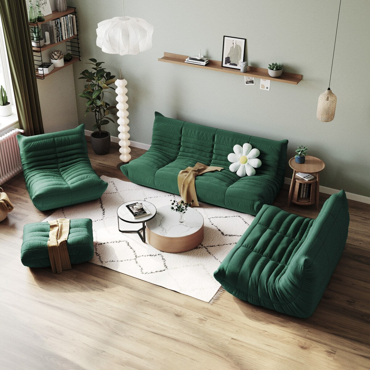 Ensembles de canapés-poufs en velours Teddy