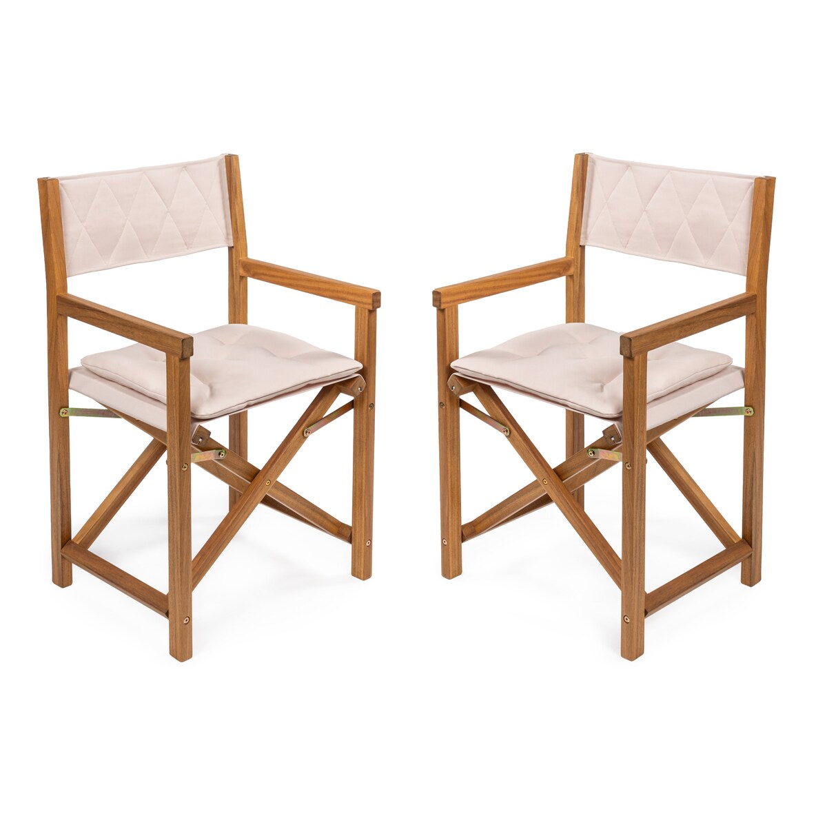 Chaise de réalisateur d'extérieur pliable en bois d'acacia, style Mid-Century, avec dossier matelassé en losanges et coussin, lot de 2 par JONATHAN Y