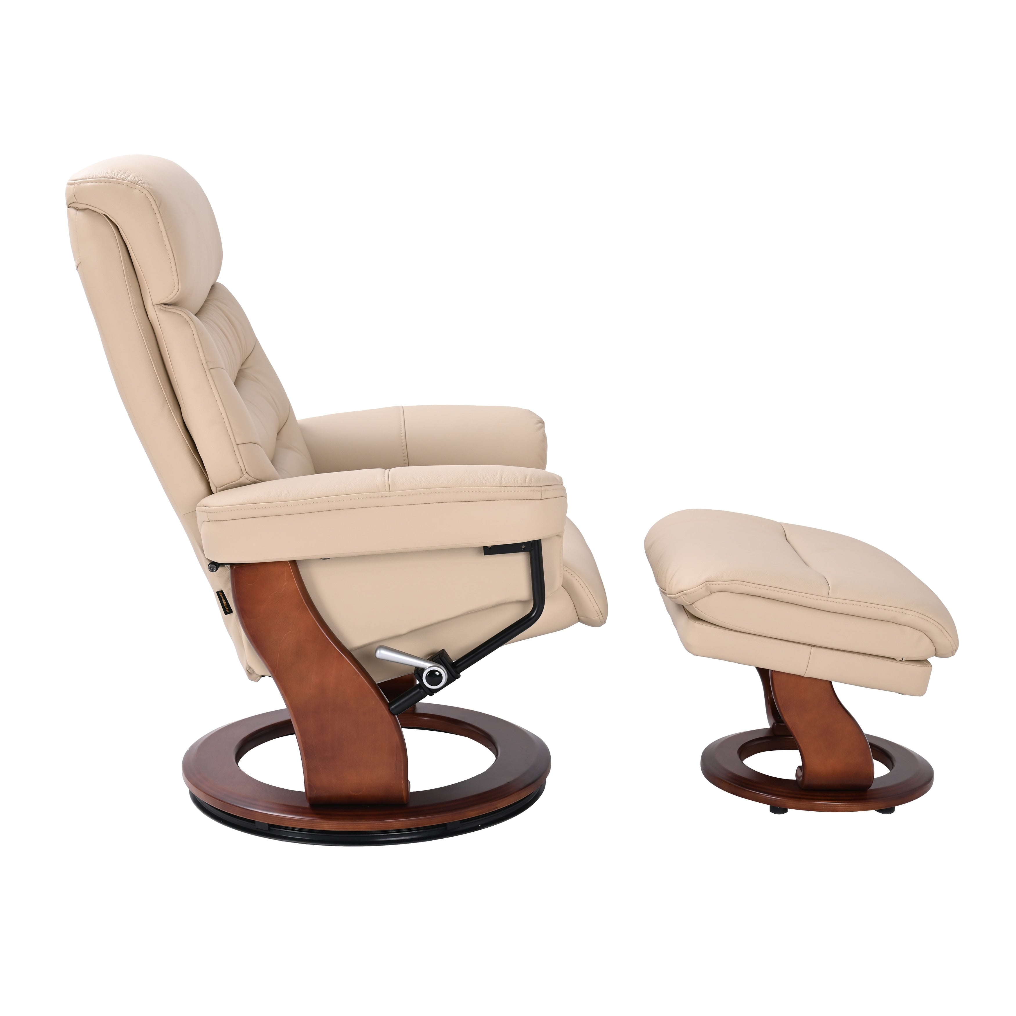 Fauteuil inclinable pivotant en cuir avec pouf de rangement assorti
