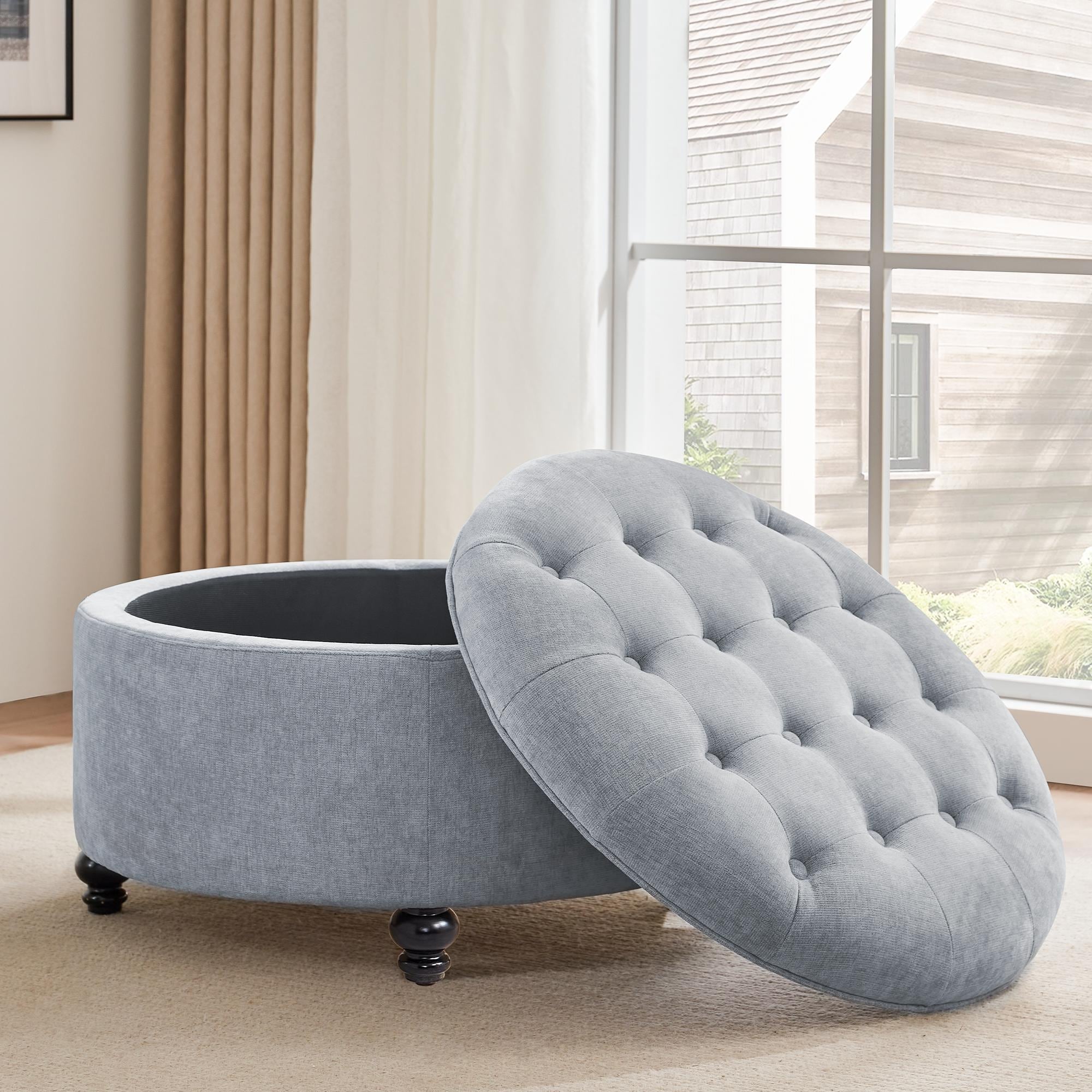 Grand repose-pieds rond touffeté avec rangement beige/gris/bleu