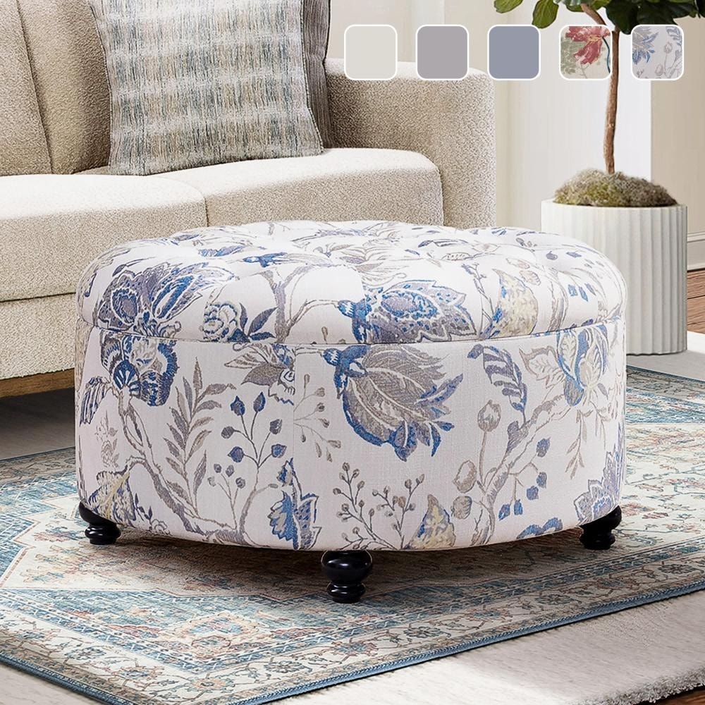 Grand repose-pieds rond touffeté avec rangement beige/gris/bleu