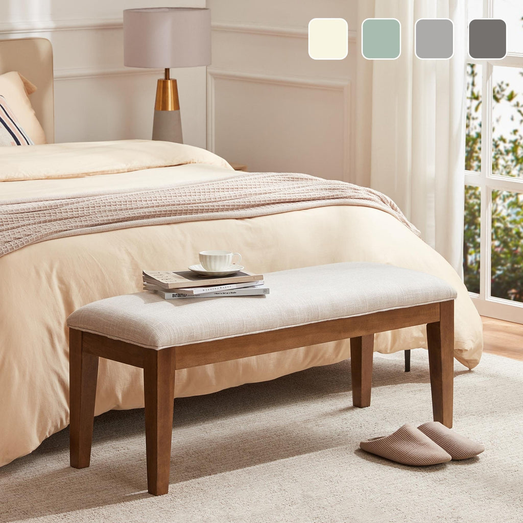 Banc d'entrée rembourré en tissu, banc de chambre pour bout de lit beige, bois massif 44 pouces