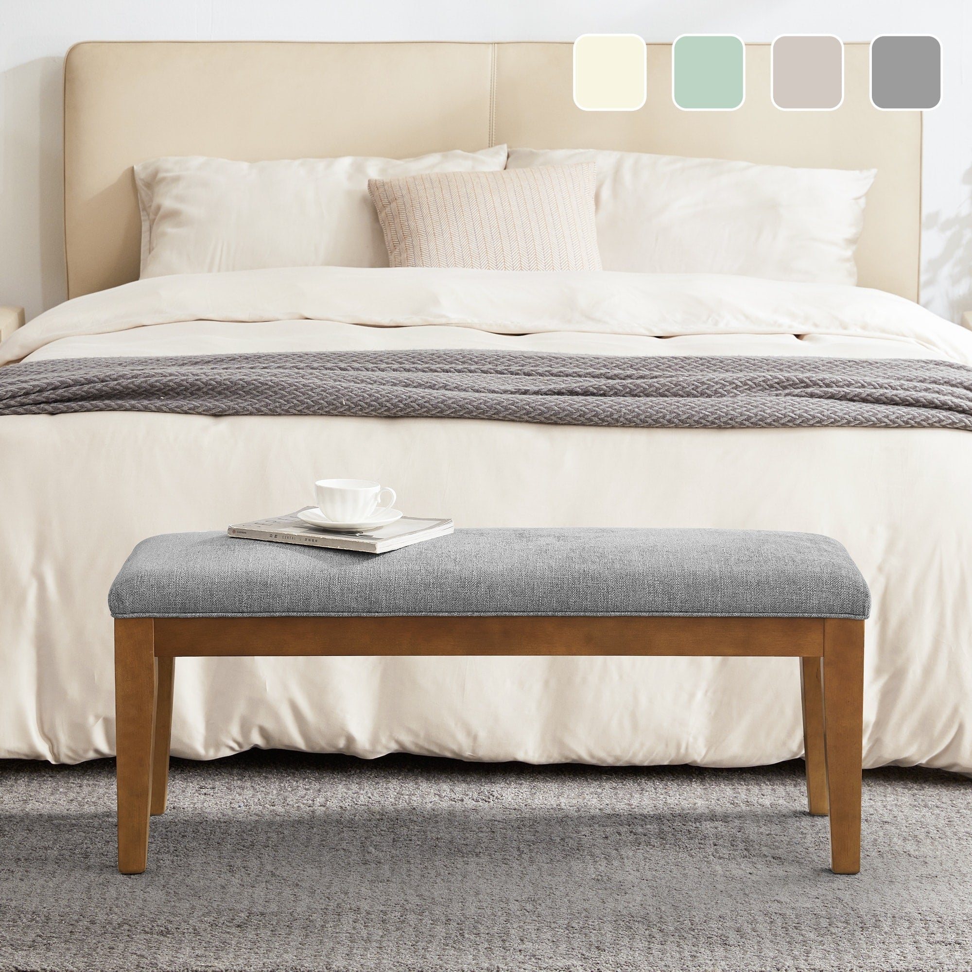 Banc d'entrée rembourré en tissu, banc de chambre pour bout de lit beige, bois massif 44 pouces