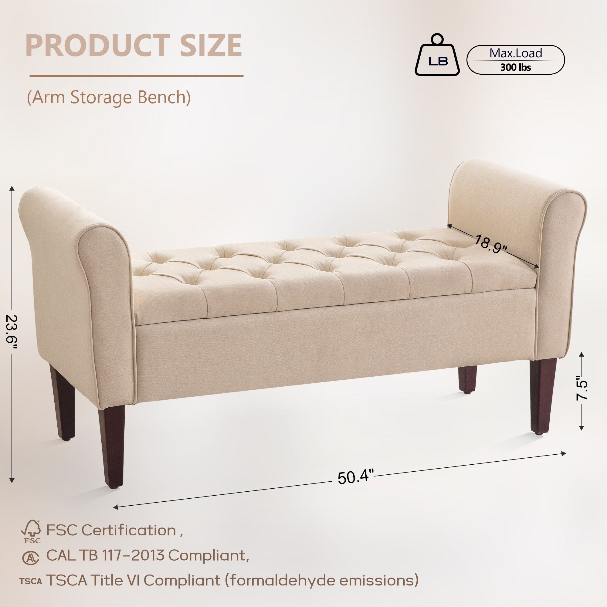 Banc de rangement rembourré, banc d'entrée avec dessus rabattable touffeté, 50,4 pouces