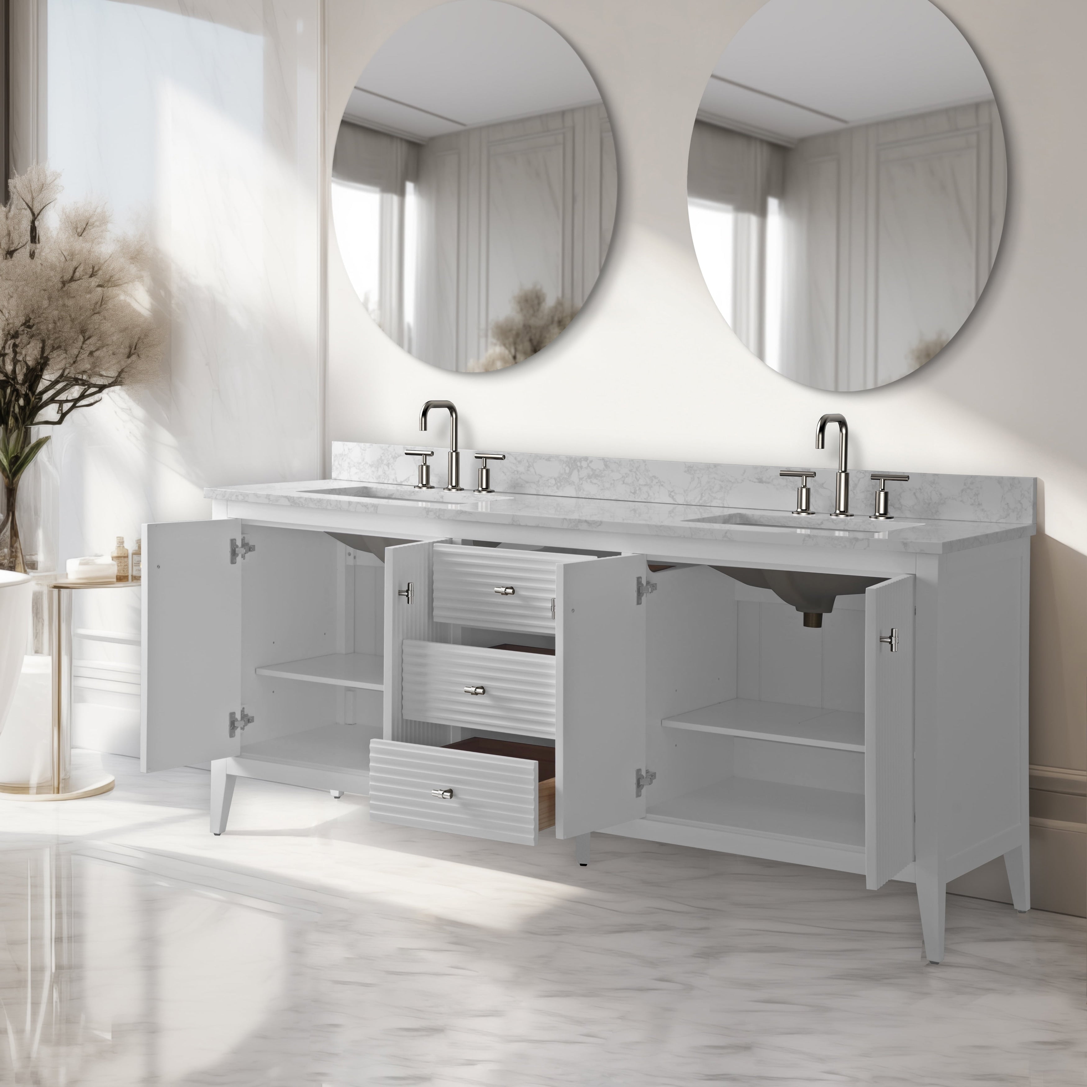Meuble-lavabo double vasque Vanity Art 72 avec plateau en marbre reconstitué