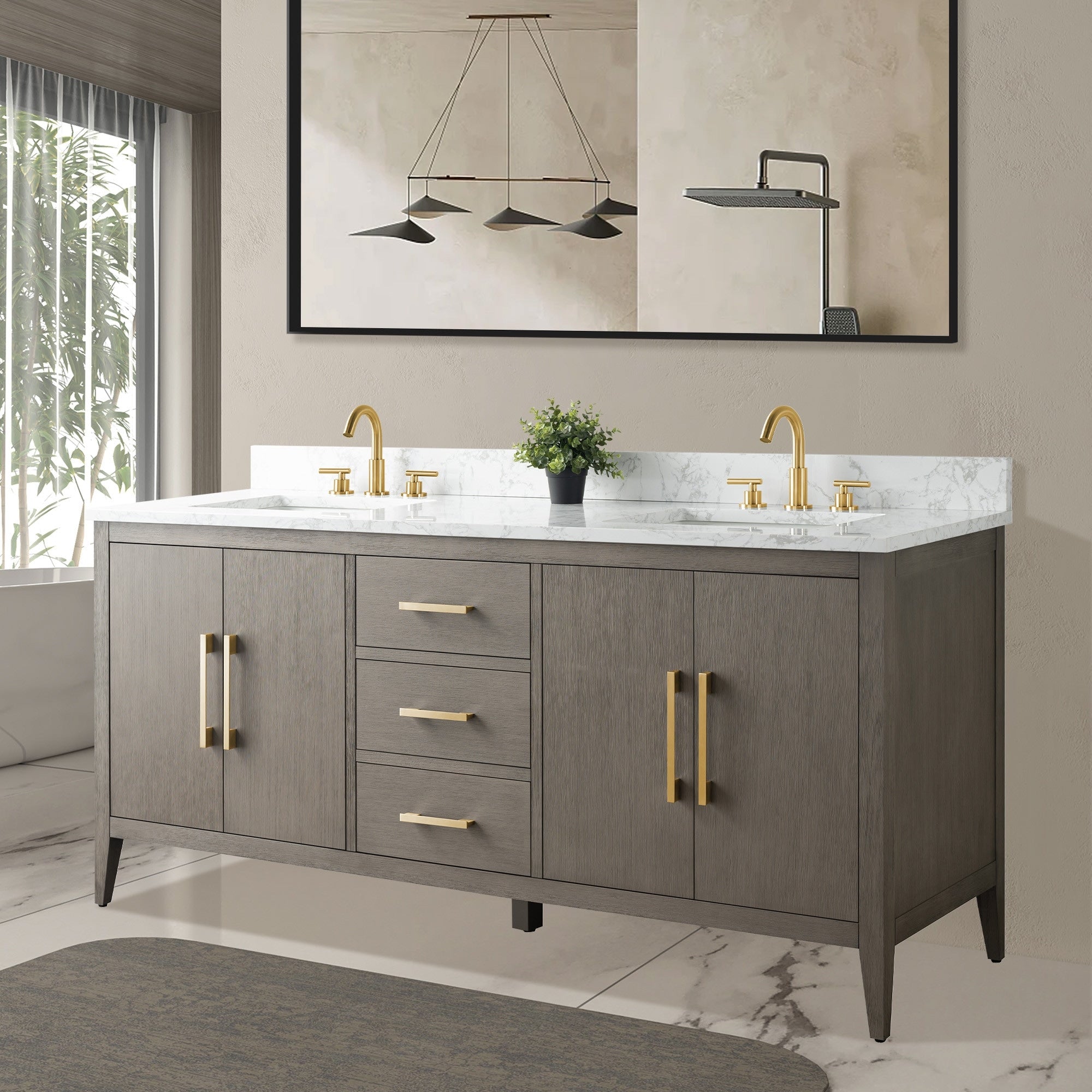 Meuble-lavabo double vasque Vanity Art 72 avec plateau en marbre reconstitué