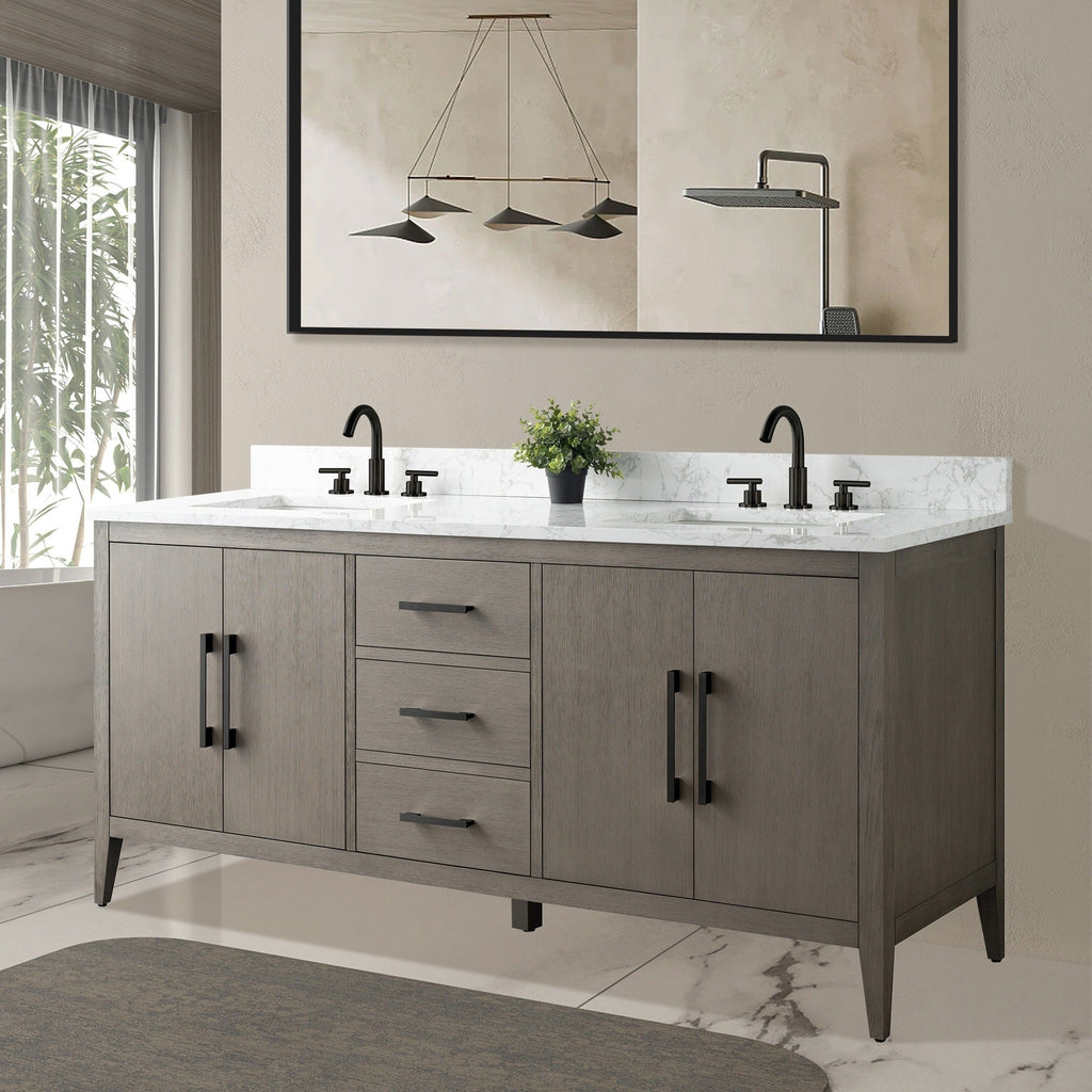 Meuble-lavabo double vasque Vanity Art 72 avec plateau en marbre reconstitué