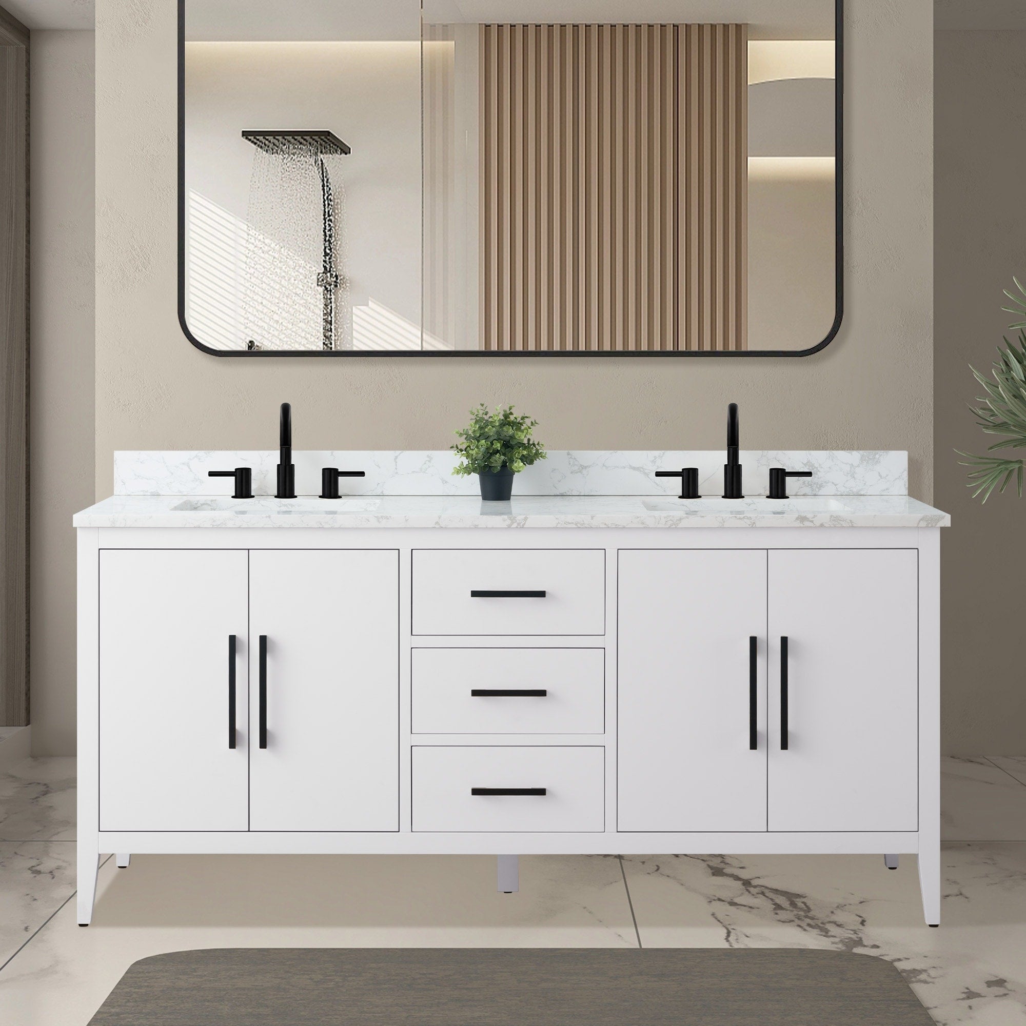 Meuble-lavabo double vasque Vanity Art 72 avec plateau en marbre reconstitué
