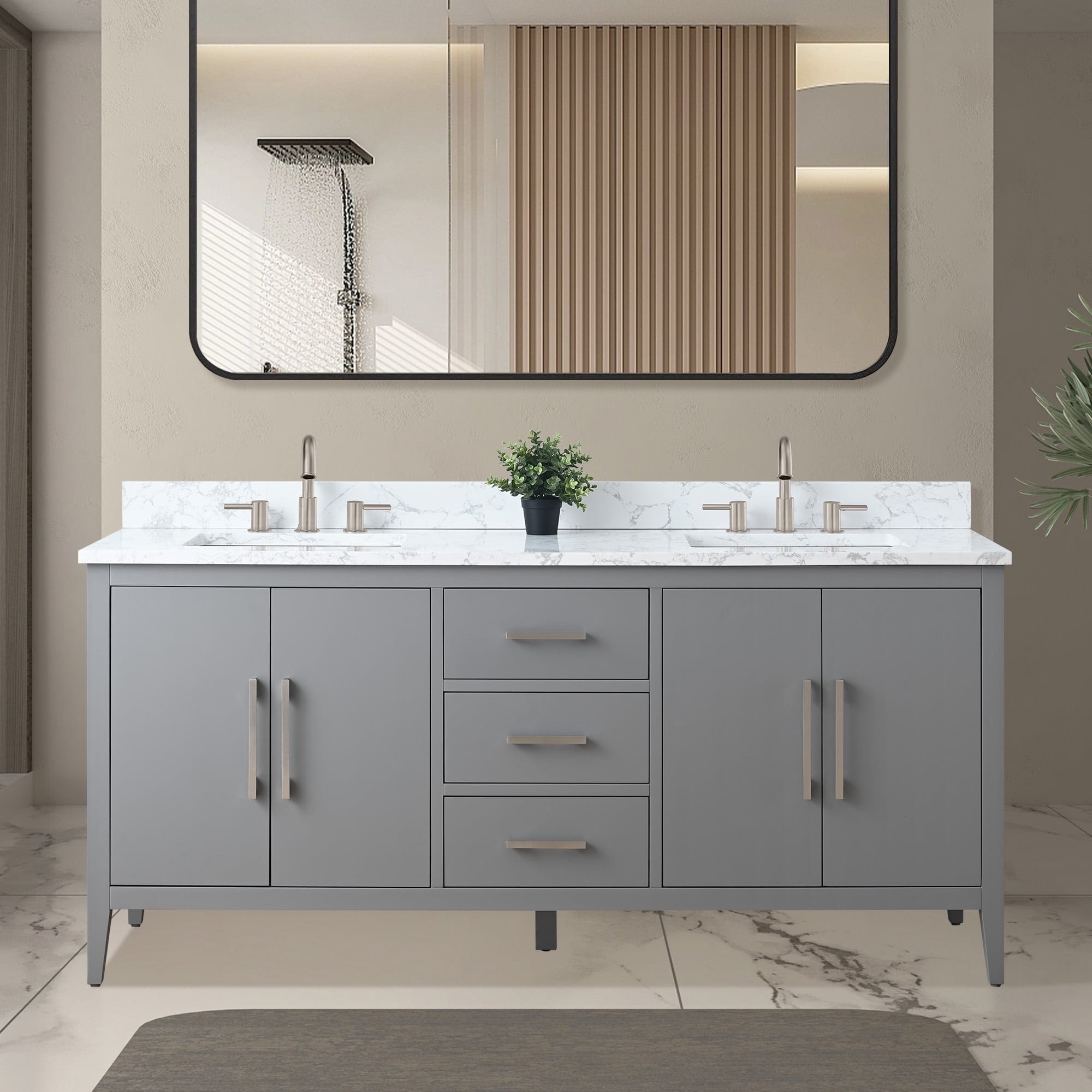 Meuble-lavabo double vasque Vanity Art 72 avec plateau en marbre reconstitué
