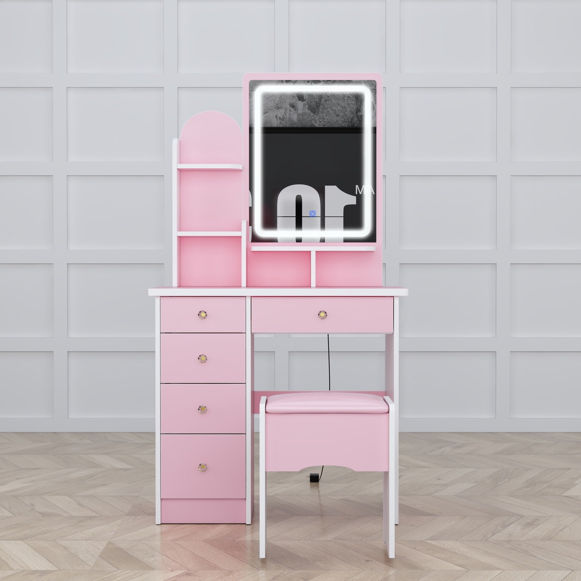 Ensemble de coiffeuse avec miroir et lampe, coiffeuse de maquillage avec tabouret