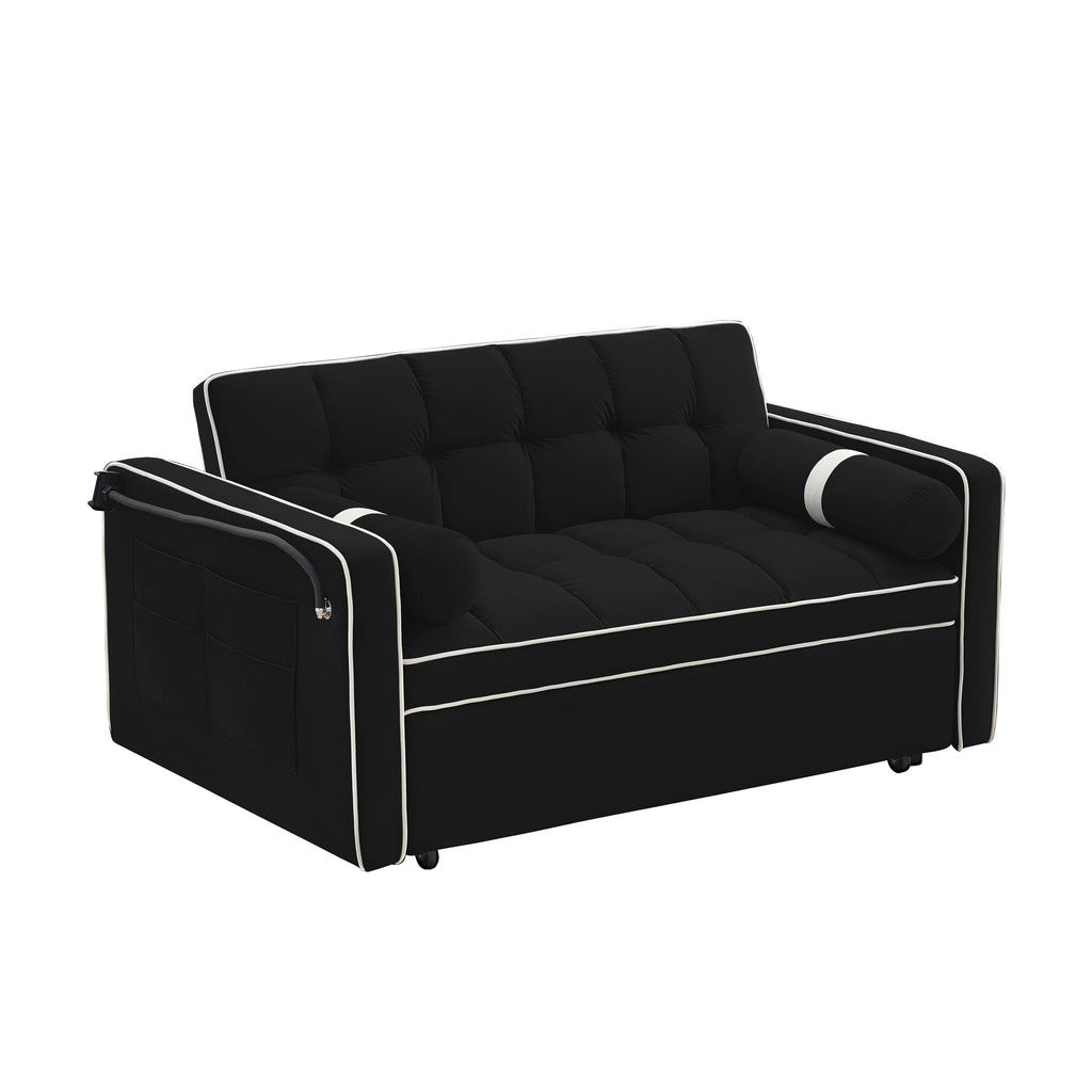 Canapé-lit convertible 2 places en velours de 55 pouces avec lit gigogne, inclinaison réglable, poches latérales et support pour téléphone