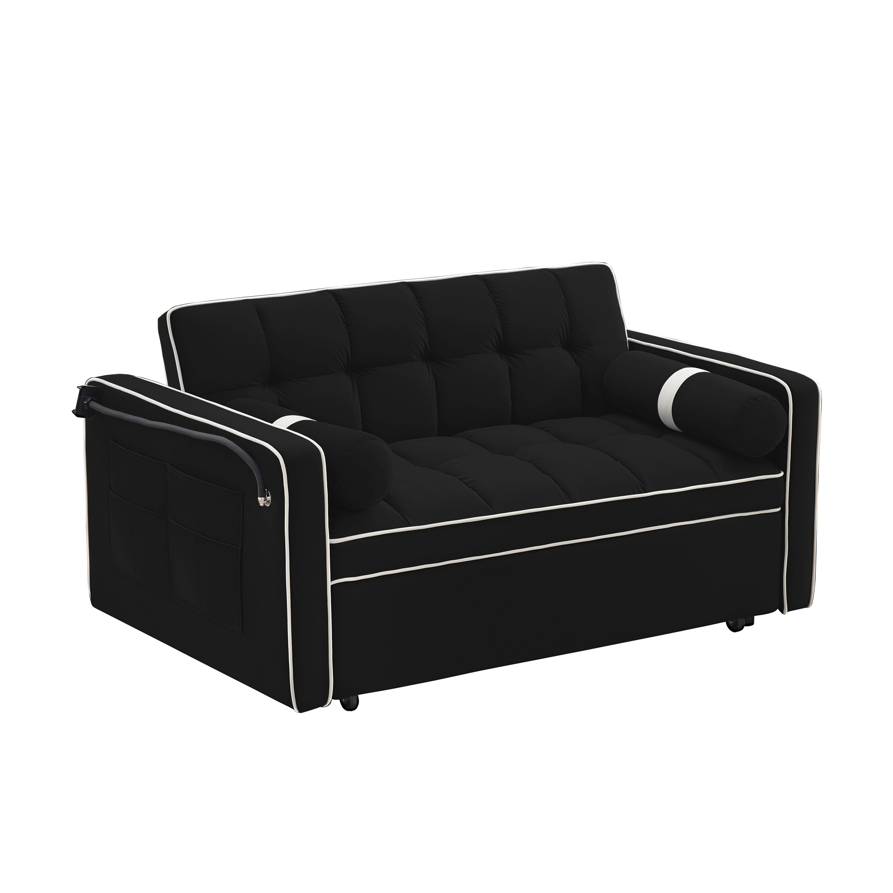 Canapé-lit convertible 2 places en velours de 55 pouces avec lit gigogne, inclinaison réglable, poches latérales et support pour téléphone
