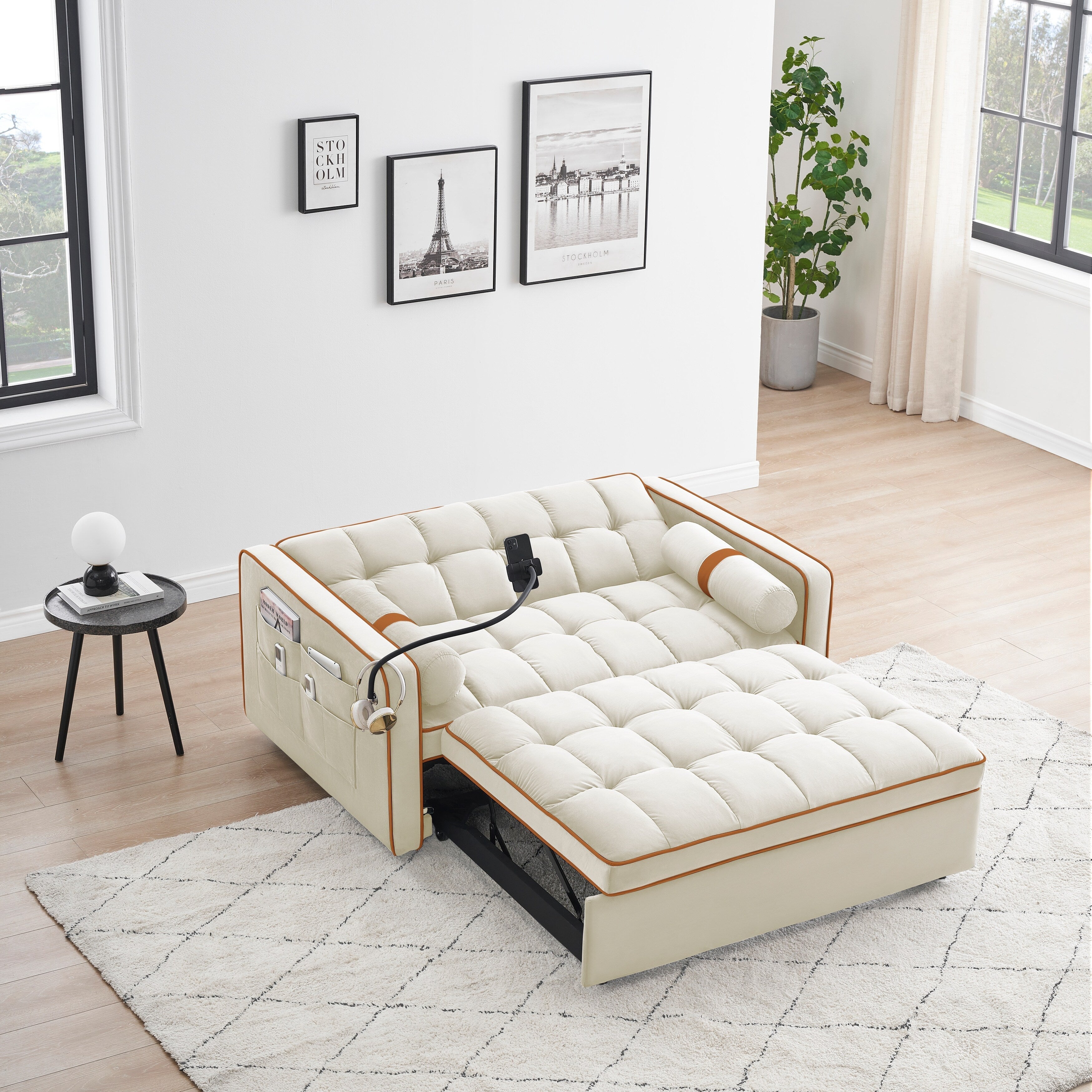 Canapé-lit convertible 2 places en velours de 55 pouces avec lit gigogne, inclinaison réglable, poches latérales et support pour téléphone