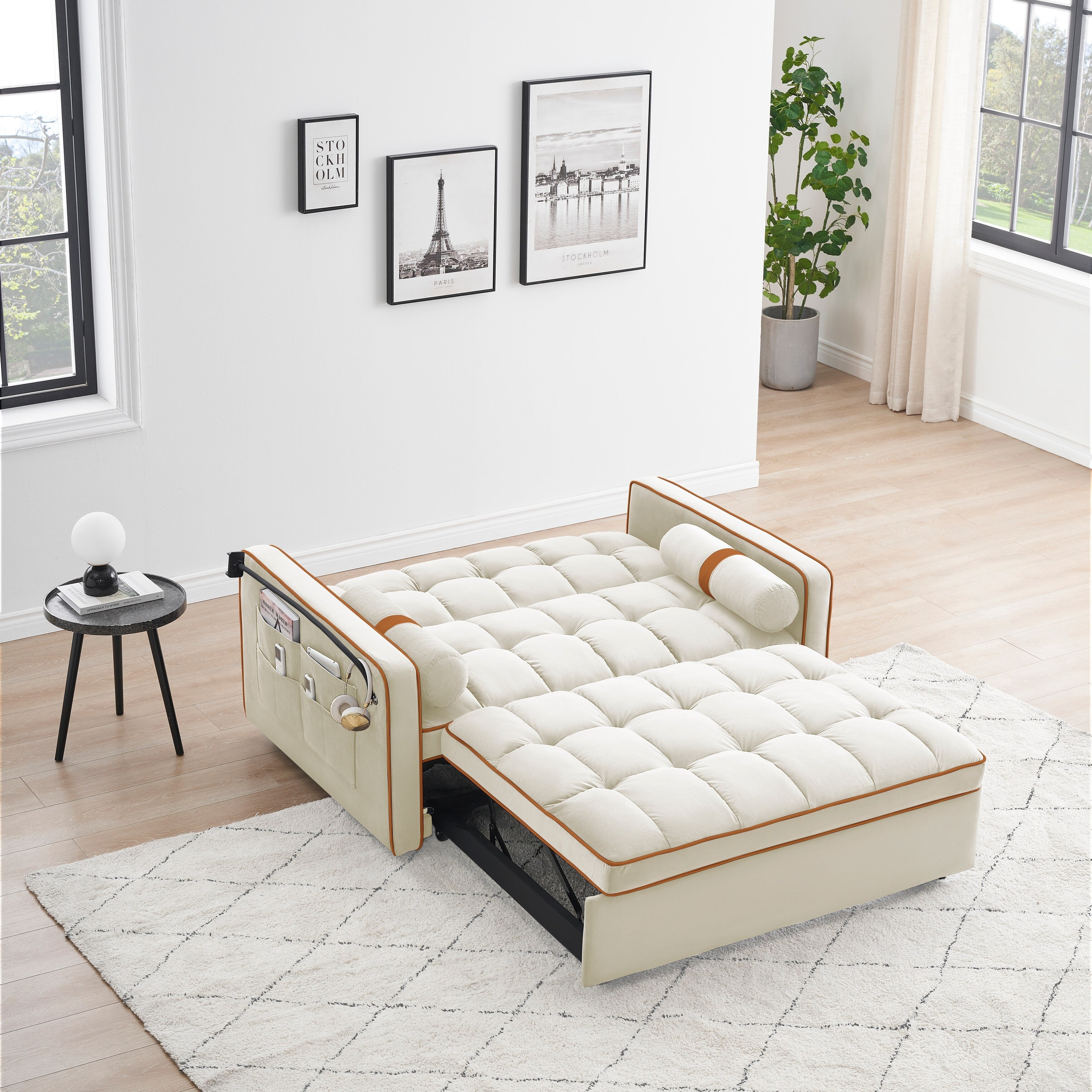 Canapé-lit convertible 2 places en velours de 55 pouces avec lit gigogne, inclinaison réglable, poches latérales et support pour téléphone