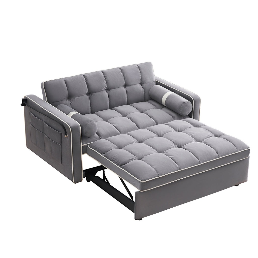 Canapé-lit convertible 2 places en velours de 55 pouces avec lit gigogne, inclinaison réglable, poches latérales et support pour téléphone