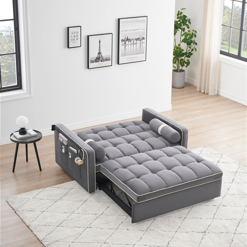 Canapé-lit convertible 2 places en velours de 55 pouces avec lit gigogne, inclinaison réglable, poches latérales et support pour téléphone