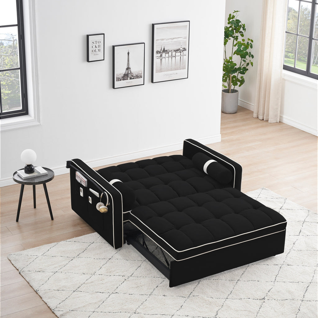 Canapé-lit convertible 2 places en velours de 55 pouces avec lit gigogne, inclinaison réglable, poches latérales et support pour téléphone