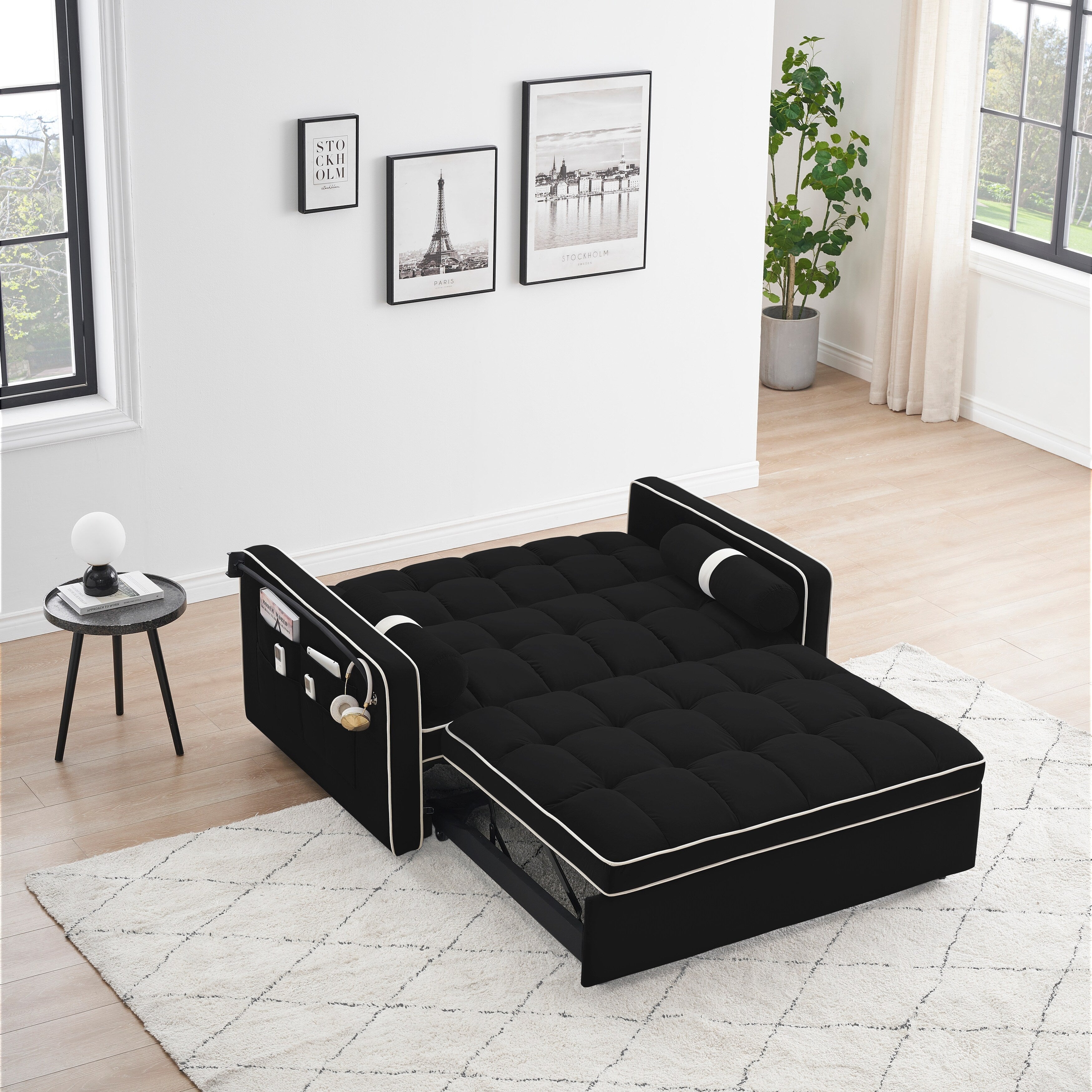 Canapé-lit convertible 2 places en velours de 55 pouces avec lit gigogne, inclinaison réglable, poches latérales et support pour téléphone