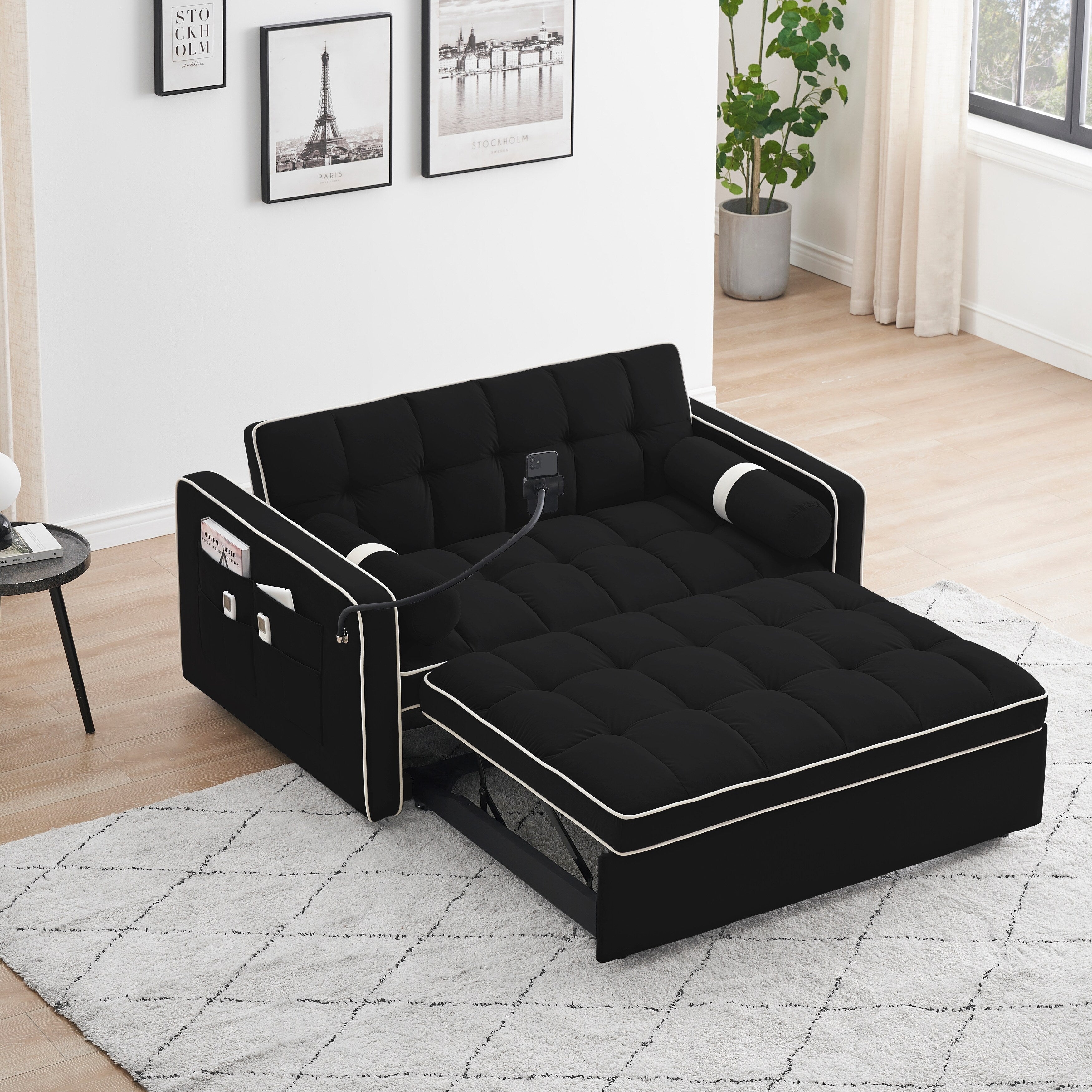 Canapé-lit convertible 2 places en velours de 55 pouces avec lit gigogne, inclinaison réglable, poches latérales et support pour téléphone