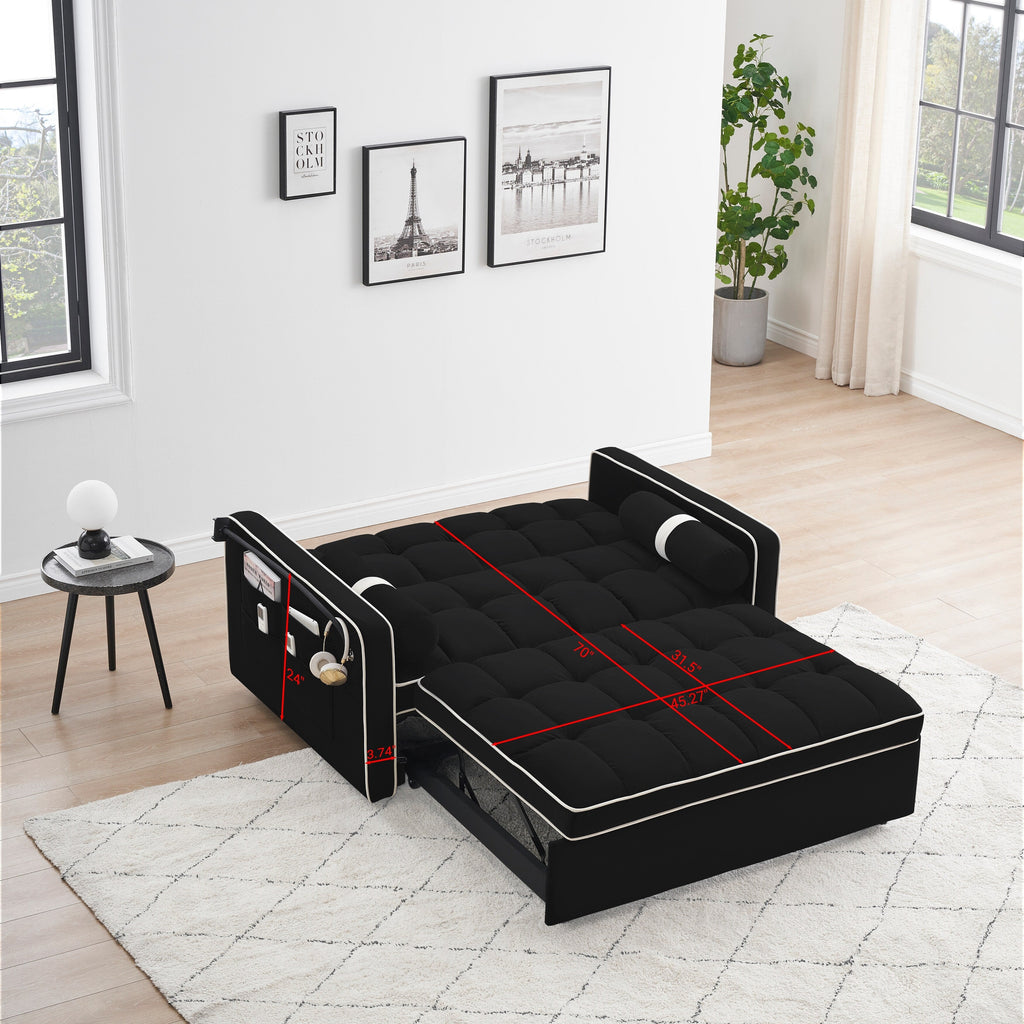Canapé-lit convertible 2 places en velours de 55 pouces avec lit gigogne, inclinaison réglable, poches latérales et support pour téléphone