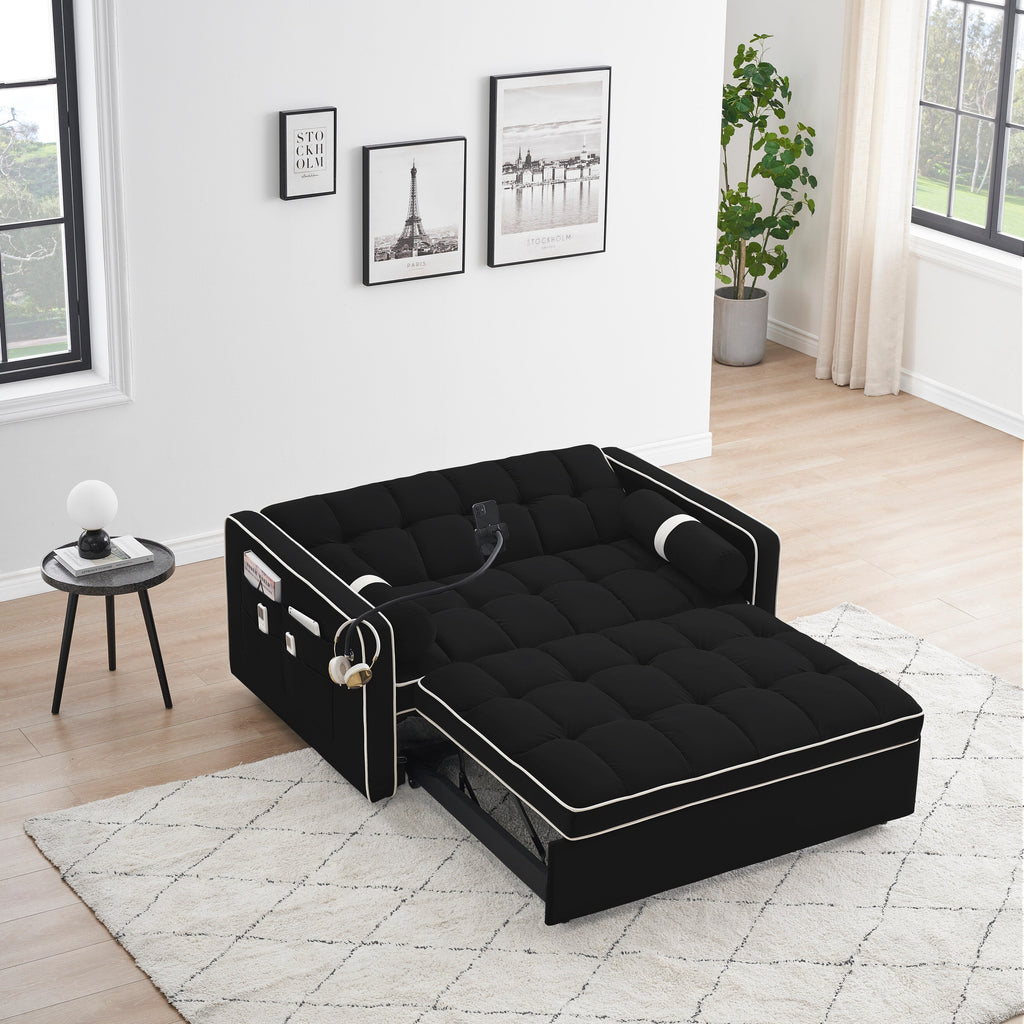 Canapé-lit convertible 2 places en velours de 55 pouces avec lit gigogne, inclinaison réglable, poches latérales et support pour téléphone