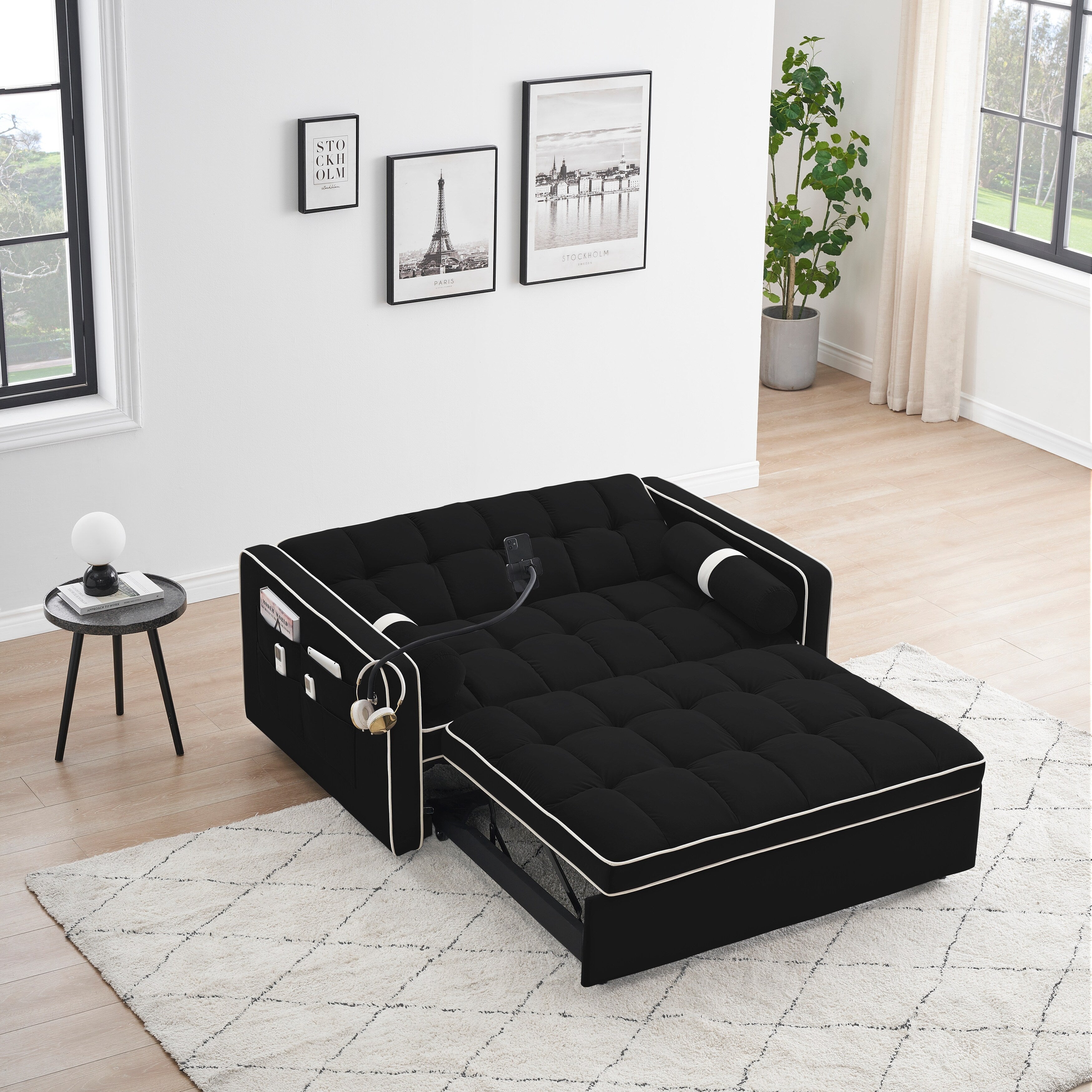 Canapé-lit convertible 2 places en velours de 55 pouces avec lit gigogne, inclinaison réglable, poches latérales et support pour téléphone