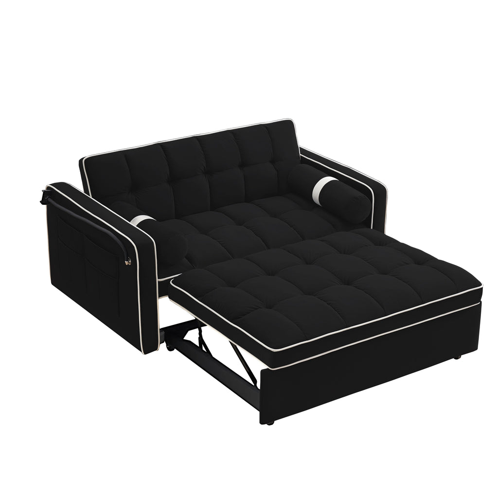 Canapé-lit convertible 2 places en velours de 55 pouces avec lit gigogne, inclinaison réglable, poches latérales et support pour téléphone