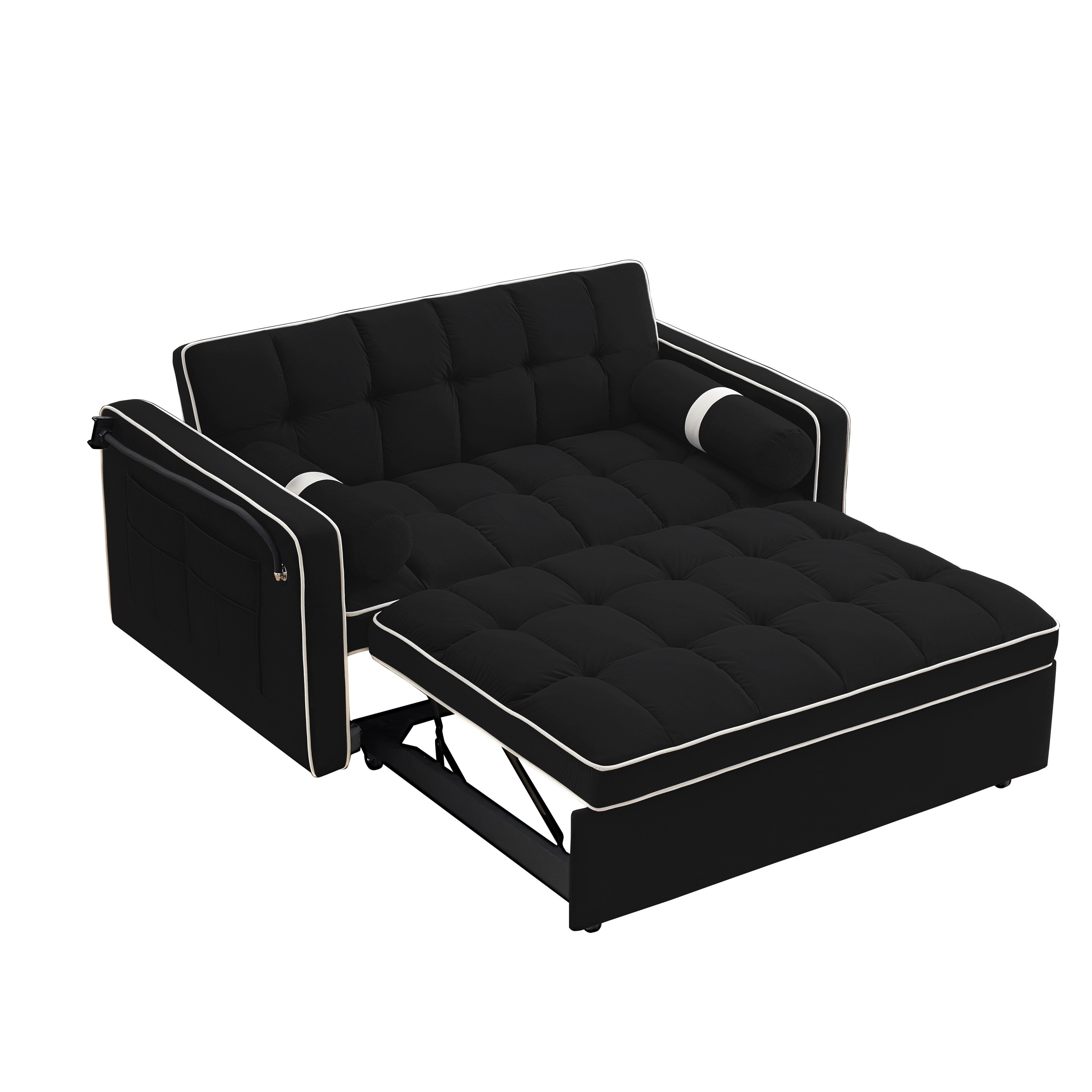 Canapé-lit convertible 2 places en velours de 55 pouces avec lit gigogne, inclinaison réglable, poches latérales et support pour téléphone