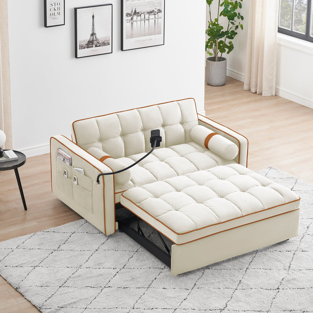 Canapé-lit convertible 2 places en velours de 55 pouces avec lit gigogne, inclinaison réglable, poches latérales et support pour téléphone