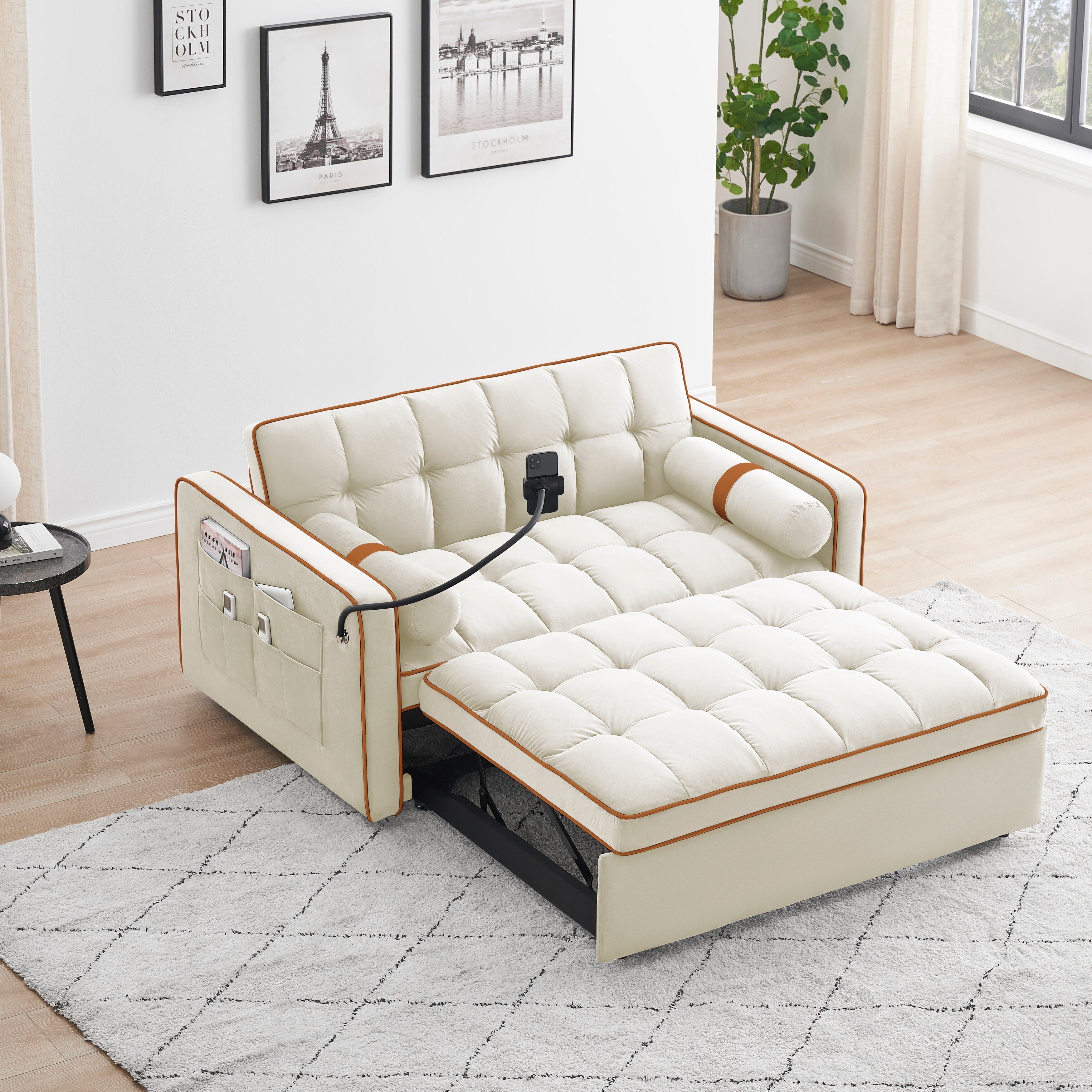 Canapé-lit convertible 2 places en velours de 55 pouces avec lit gigogne, inclinaison réglable, poches latérales et support pour téléphone