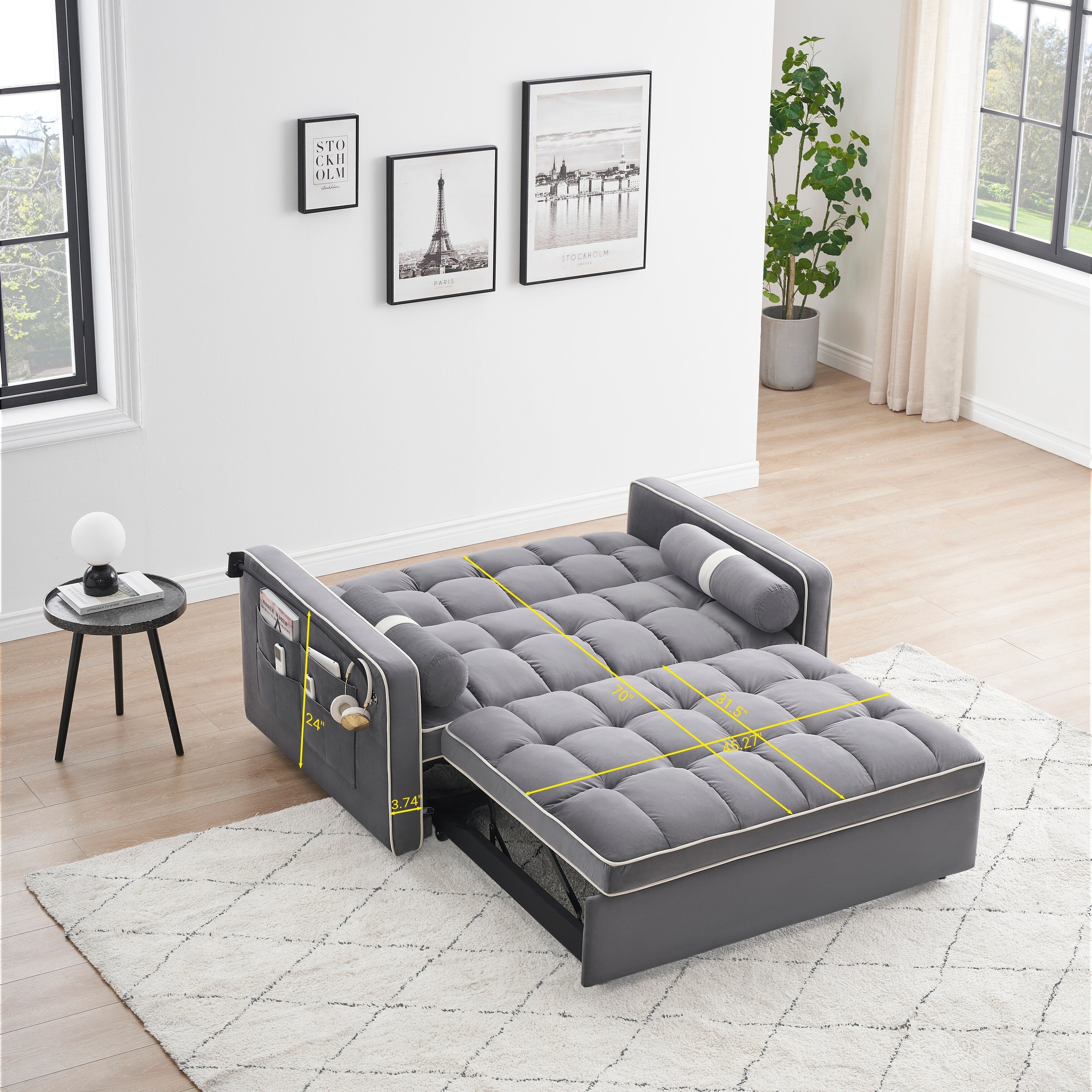 Canapé-lit convertible 2 places en velours de 55 pouces avec lit gigogne, inclinaison réglable, poches latérales et support pour téléphone